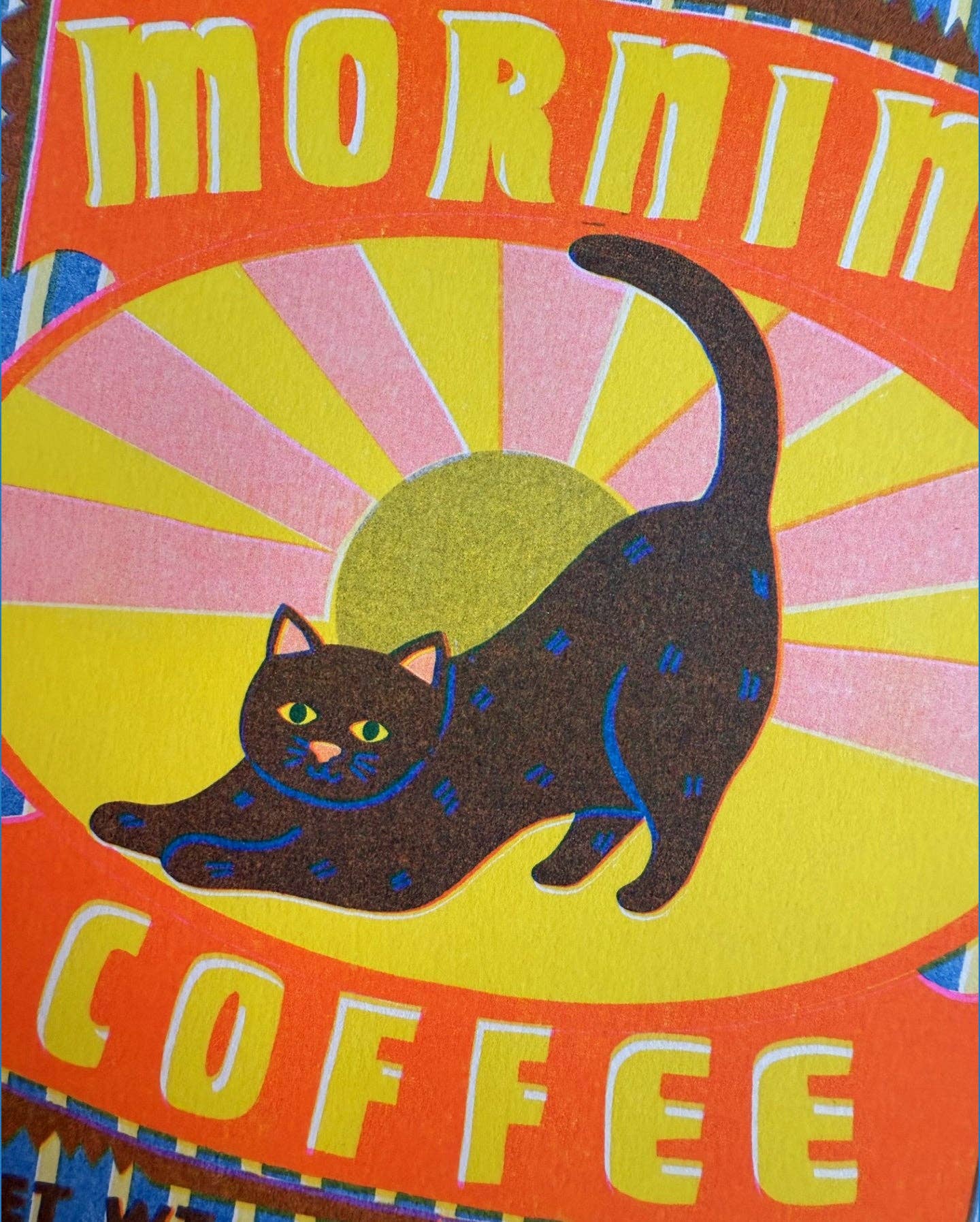 Poster with a coffee can design featuring a cat and 'Morning Coffee' text on a pink background.
