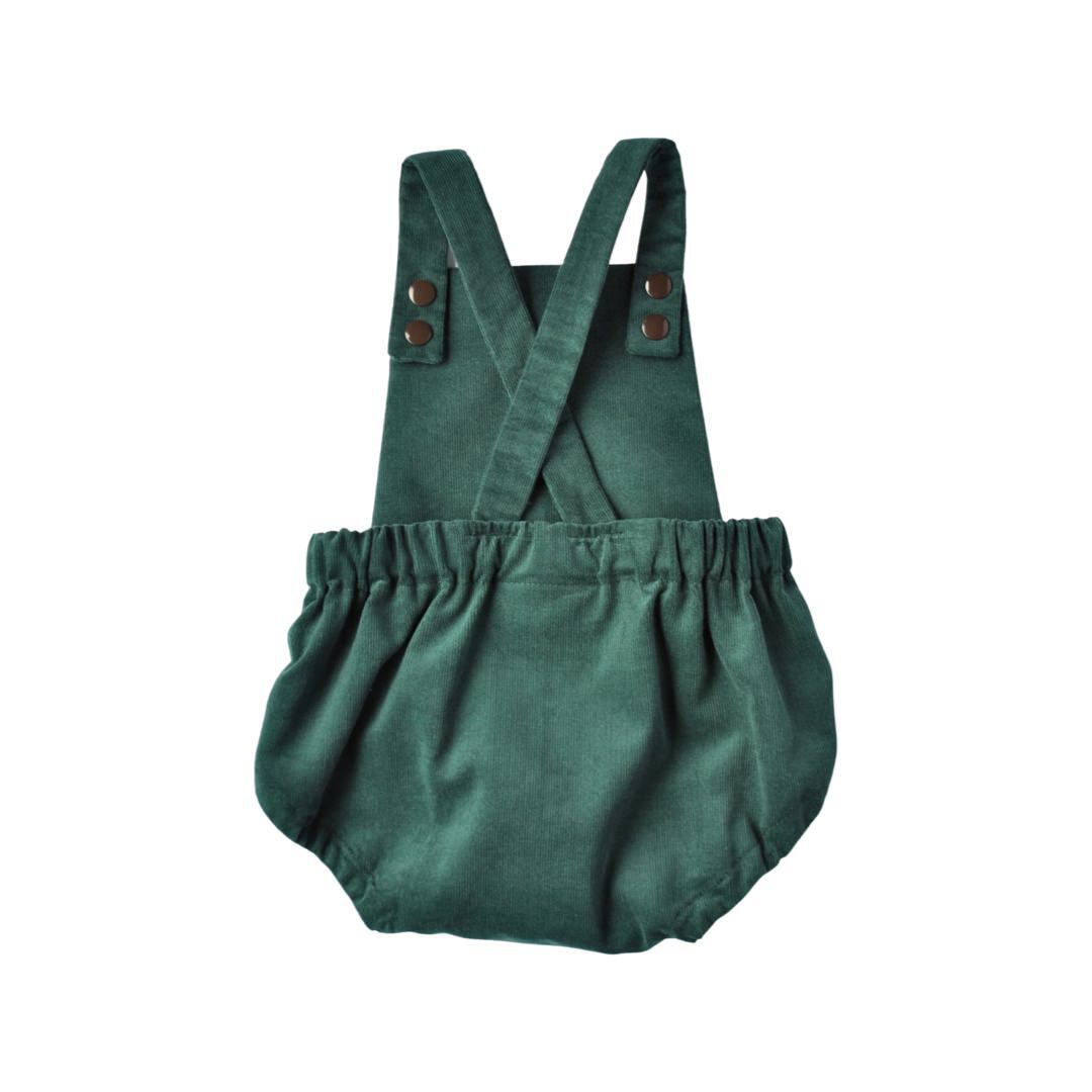 A moss green short romper suit for babies, made of cotton.