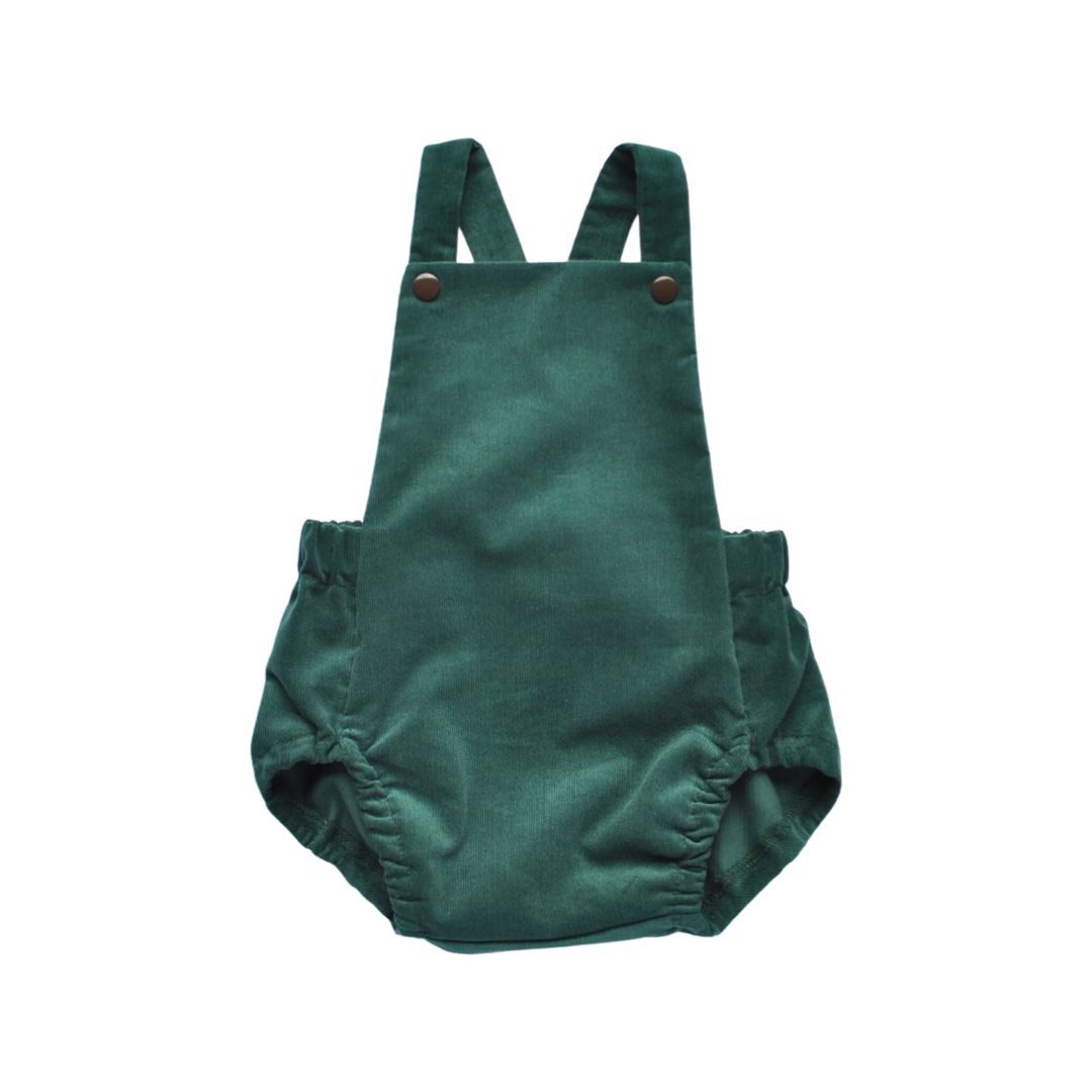 A moss green short romper suit for babies, made of cotton.