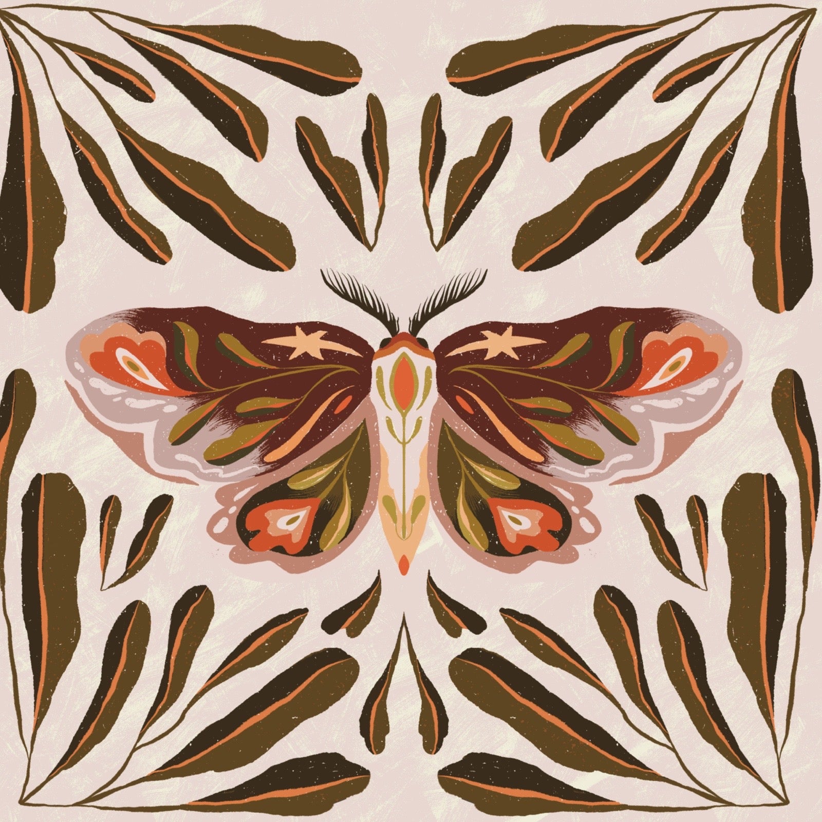 Decorative moth sticker with leaf patterns on a beige background.