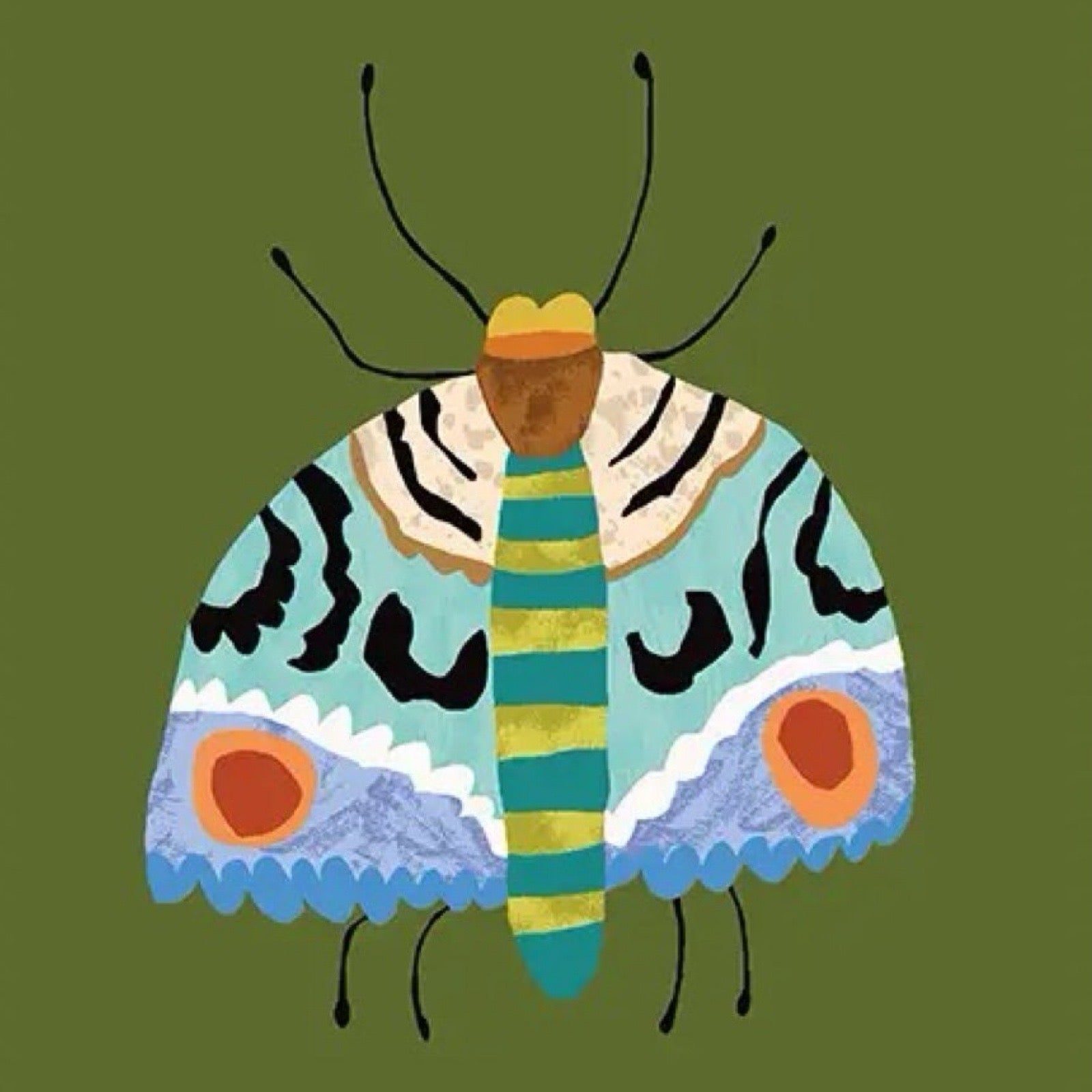 Print featuring an illustration of a colourful moth on a green background.