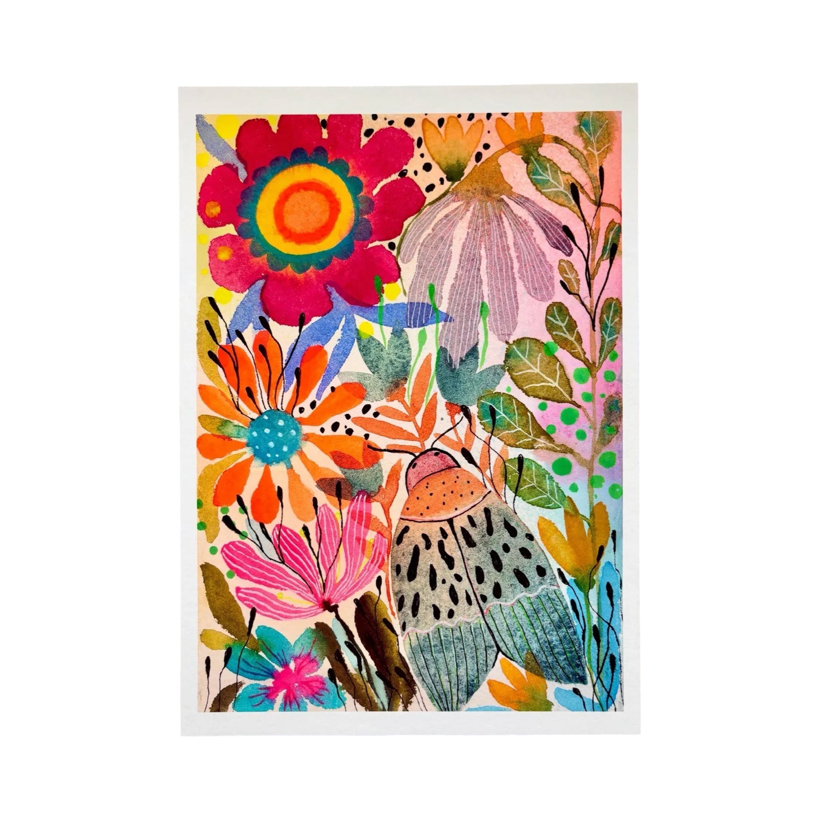 A colourful floral art print featuring a variety of stylised flowers and leaves in bright hues, with a white border around the artwork, shown against a plain white background.