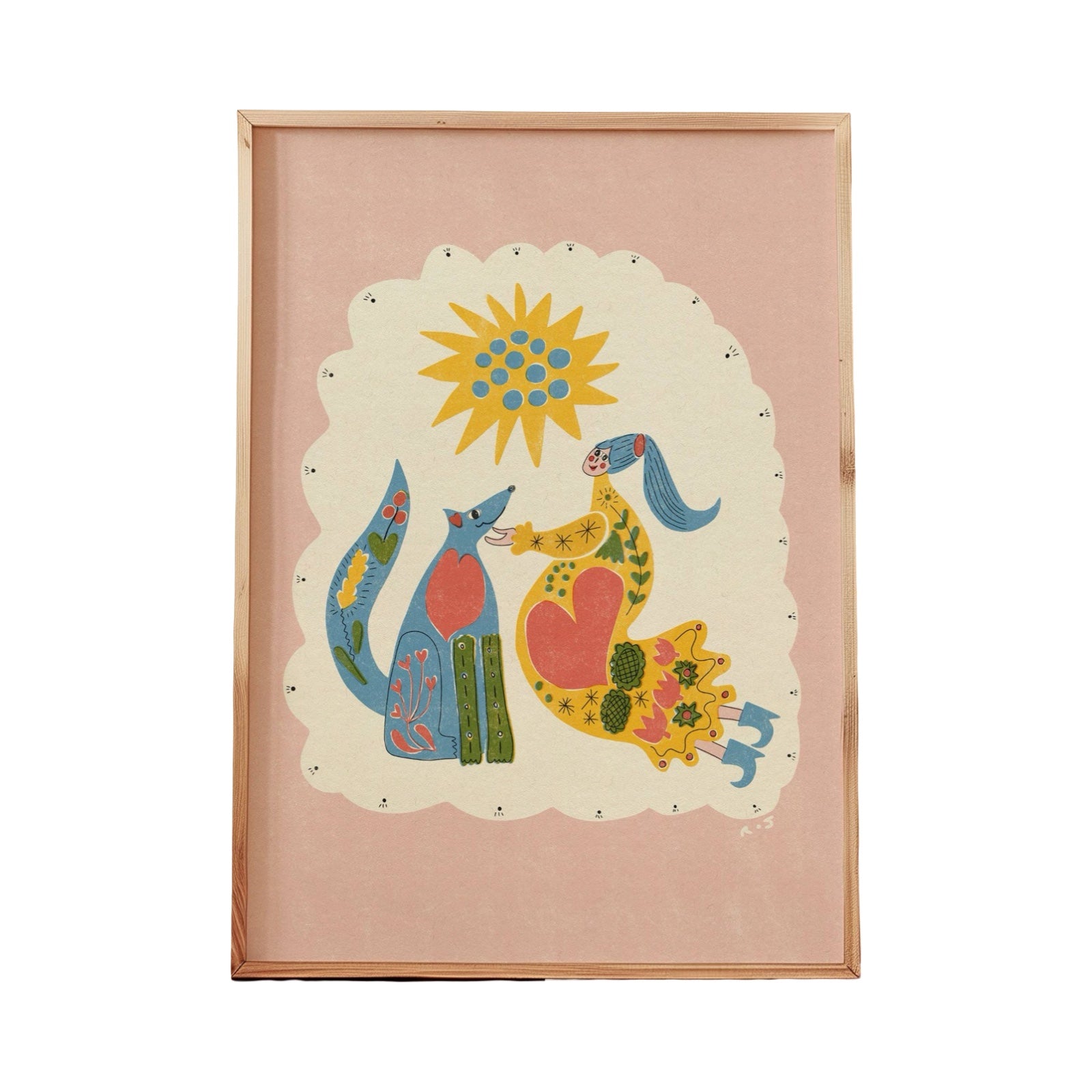 This art print features a folk-inspired scene of a lady with her dog, under the sun.