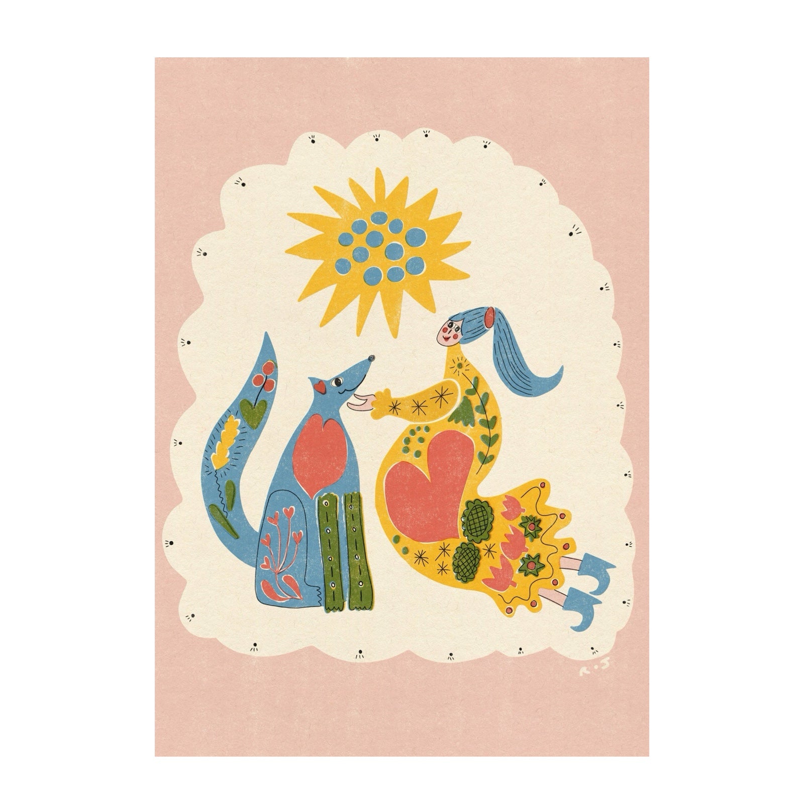 This art print features a folk-inspired scene of a lady with her dog, under the sun.