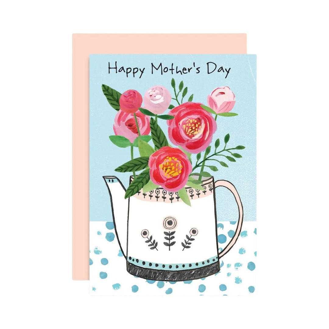 Mother's Day card featuring a bunch of red and pink peonies in a white kettle with the text 'Happy Mother's Day'.