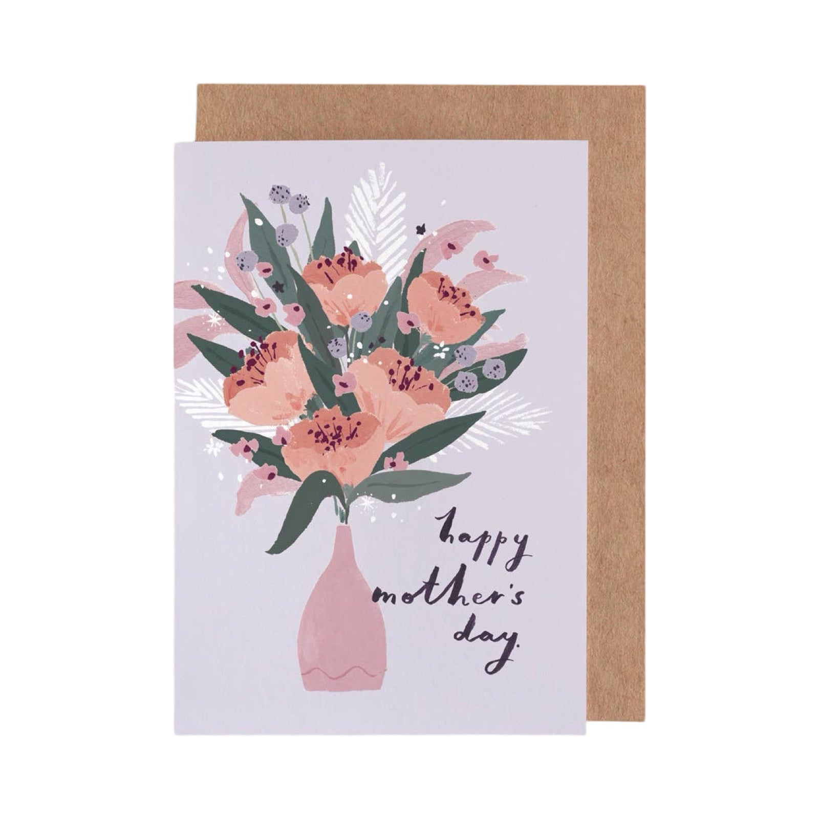 This Mother's Day card features a giant bunch of pastel-coloured flowers inside a pale pink vase with the text 'Happy Mother's Day'.