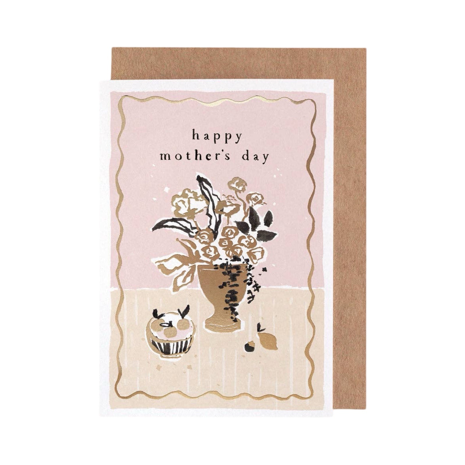 This Mother's Day card features a gold foil vase with gold and black flowers on a pale pastel background with the text 'Happy Mother's Day'.