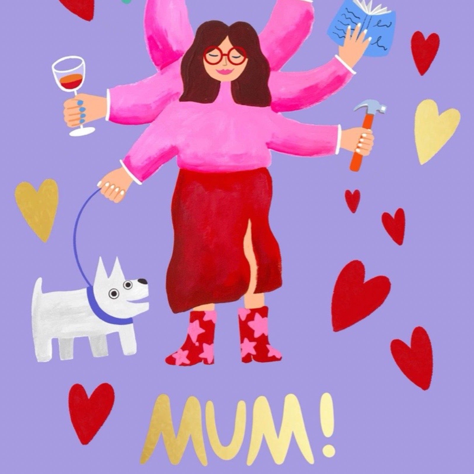 Illustration of a multi-armed woman with various activities depicted, surrounded by hearts and the word 'MUM!' on a purple background.