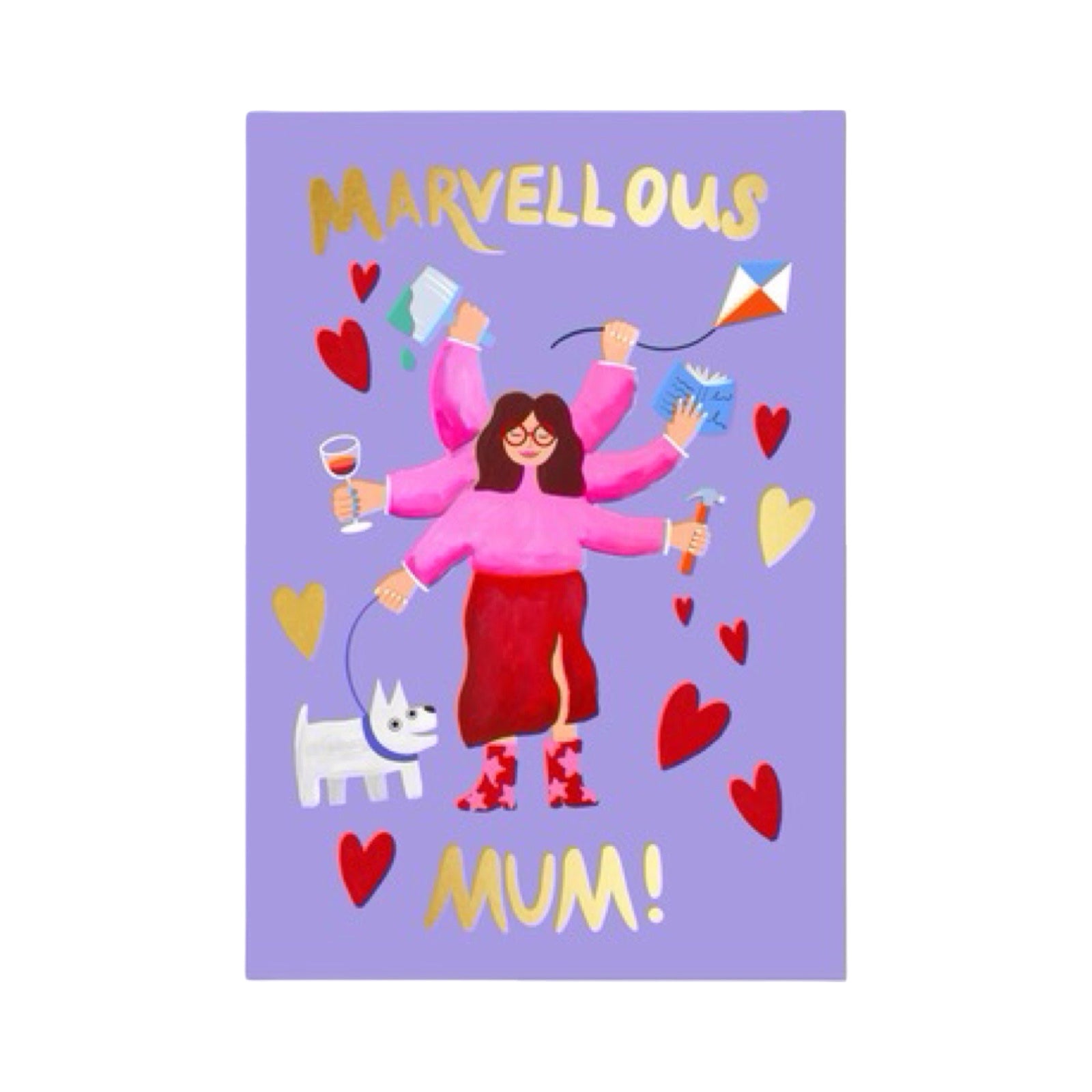 Card with illustration of a person with multiple arms holding various items and the text 'Marvellous Mum!' on a purple background.