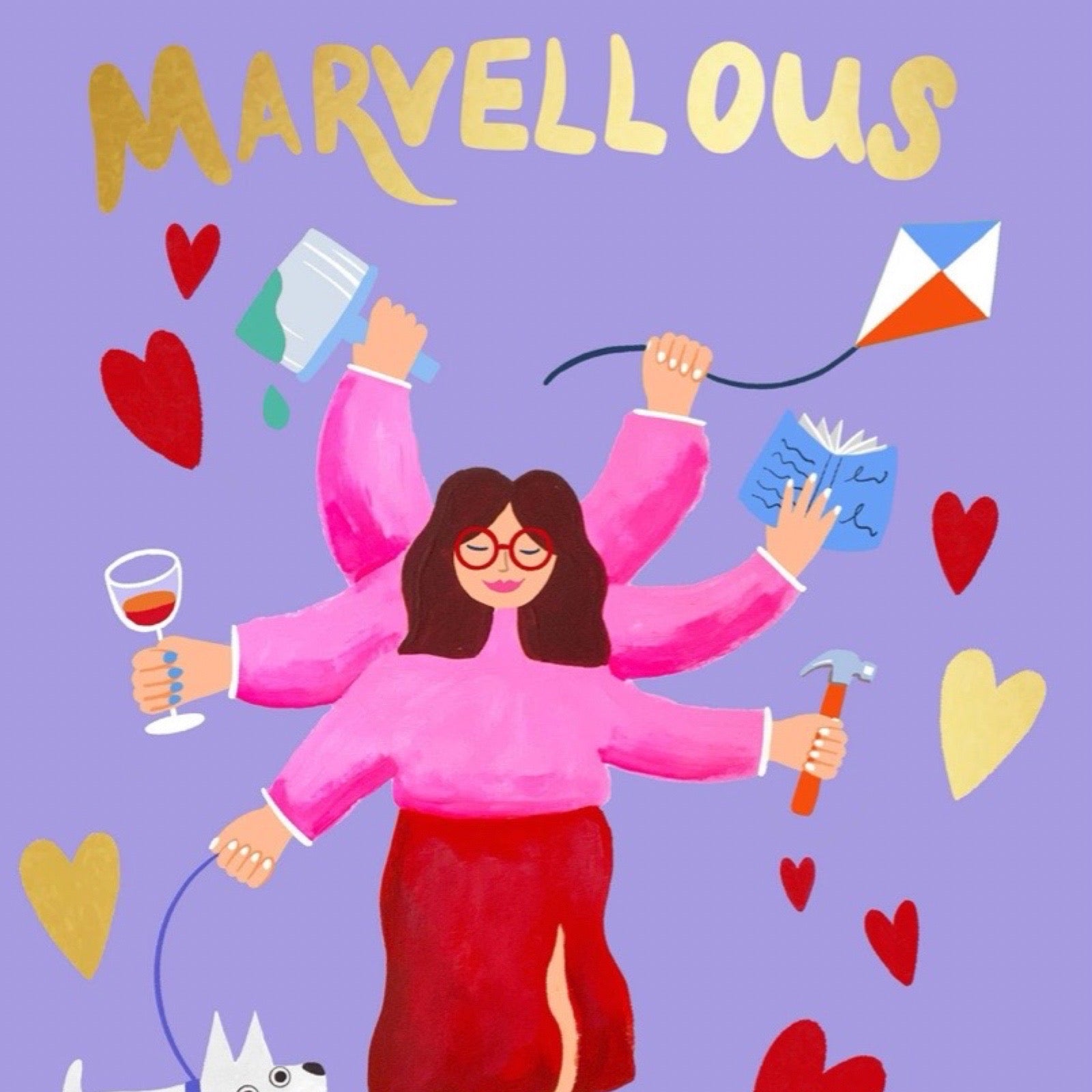 Illustration of a person with multiple arms holding various objects on a purple background with hearts and the word 'MARVELLOUS'.