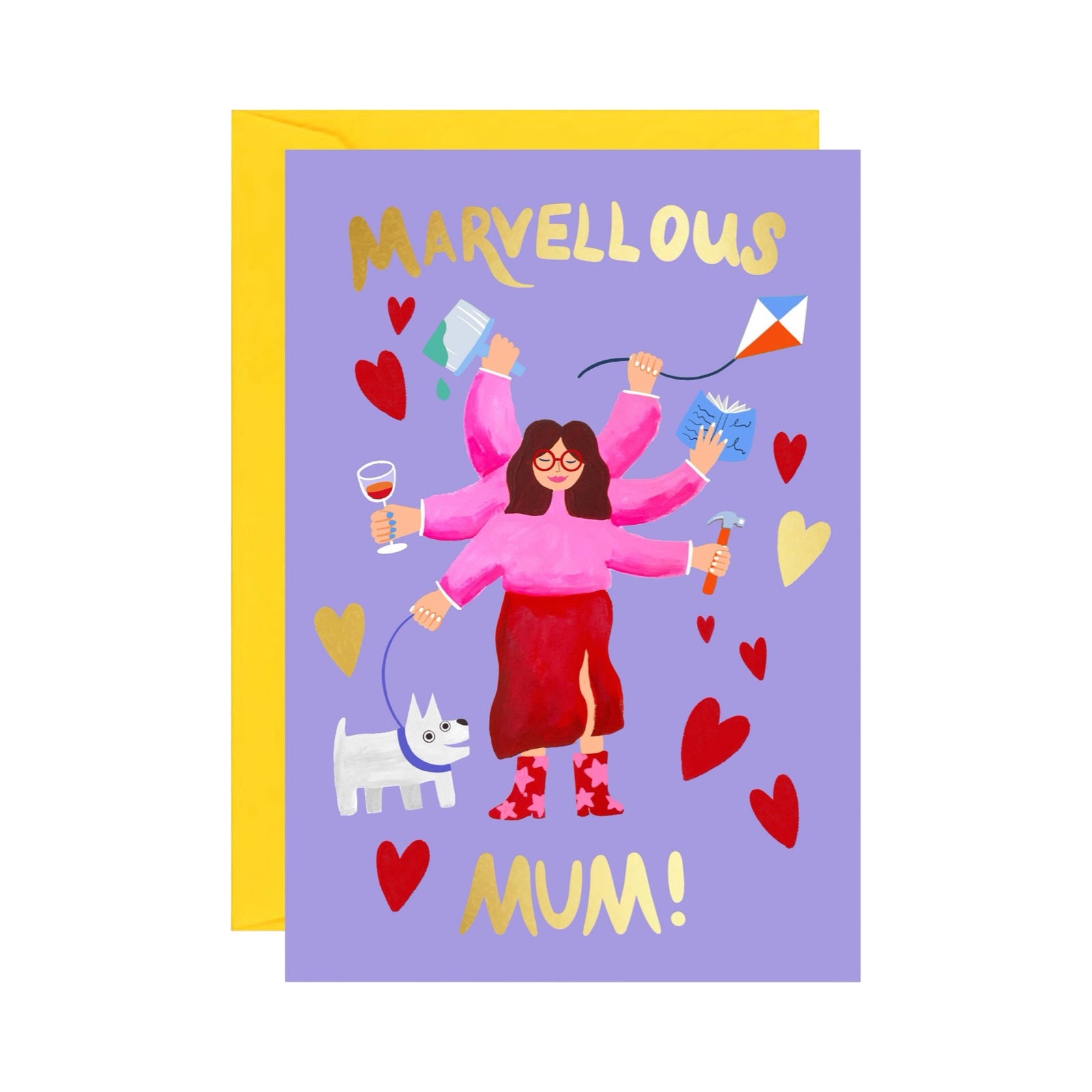 Greeting card with illustration of a multi-armed character holding various items and text 'Marvelous Mum' on a purple background.