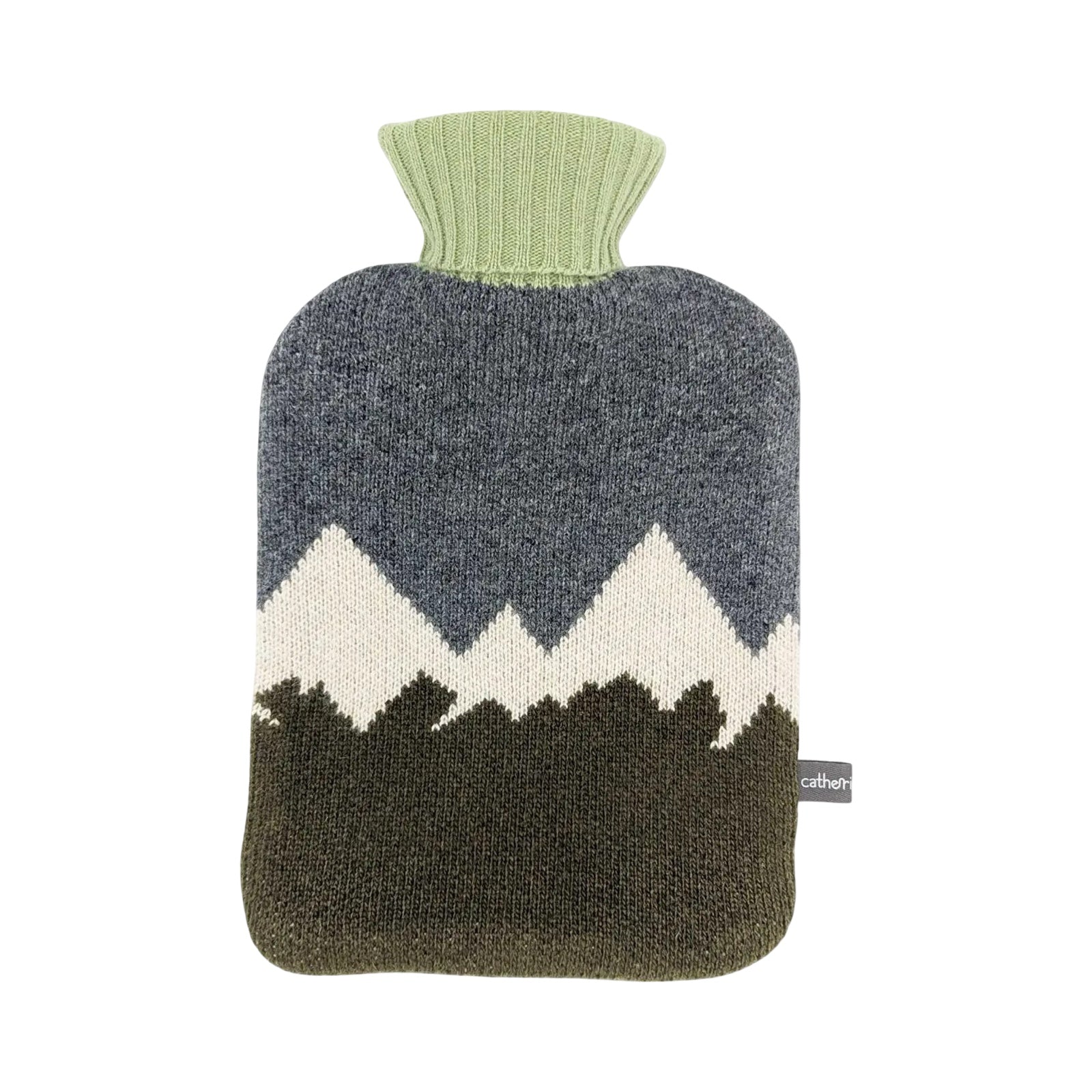 Hot water bottle has a grey and green merino lambswool cover in a mountain design with a light green ribbed top that folds over to fill the bottle.