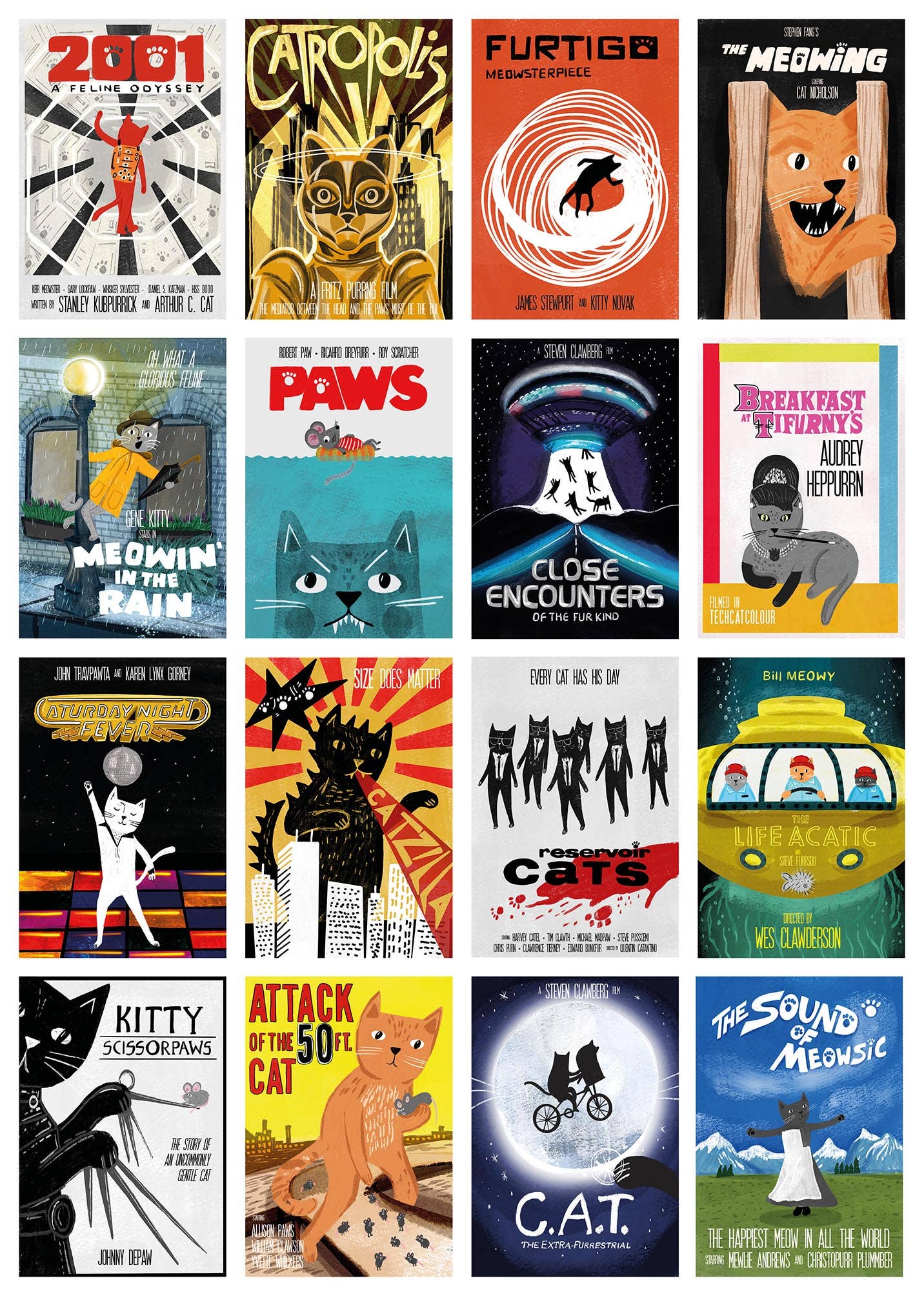 Collection of various cat-themed posters arranged in a grid.