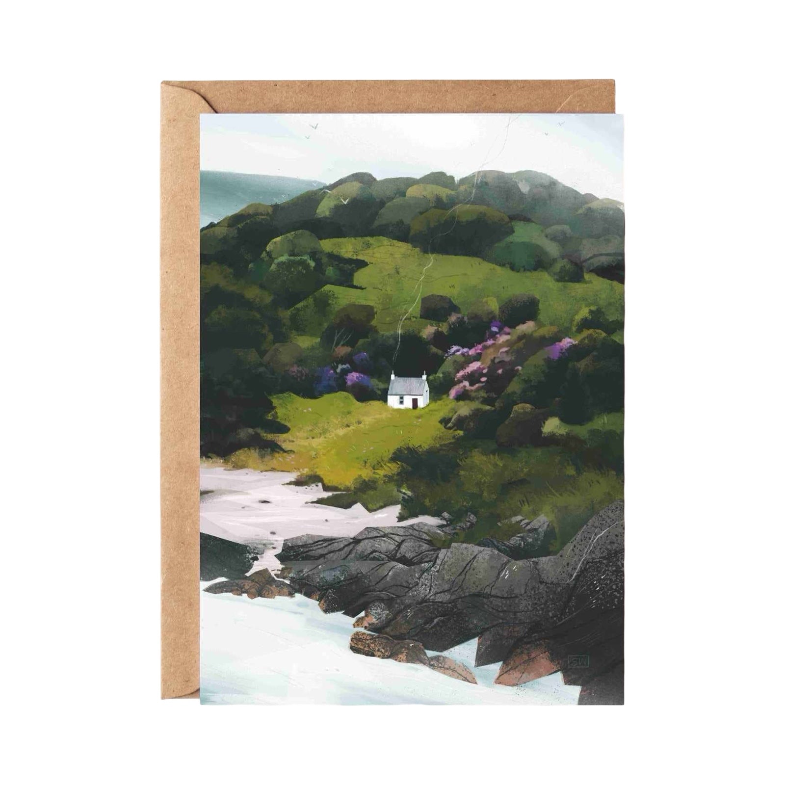 This card features the beautiful landscape around a gorgeous white cottage on the Mull of Kintyre, Scotland.