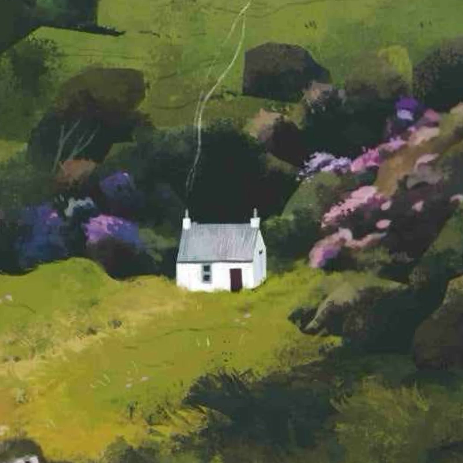 This card features the beautiful landscape around a gorgeous white cottage on the Mull of Kintyre, Scotland.