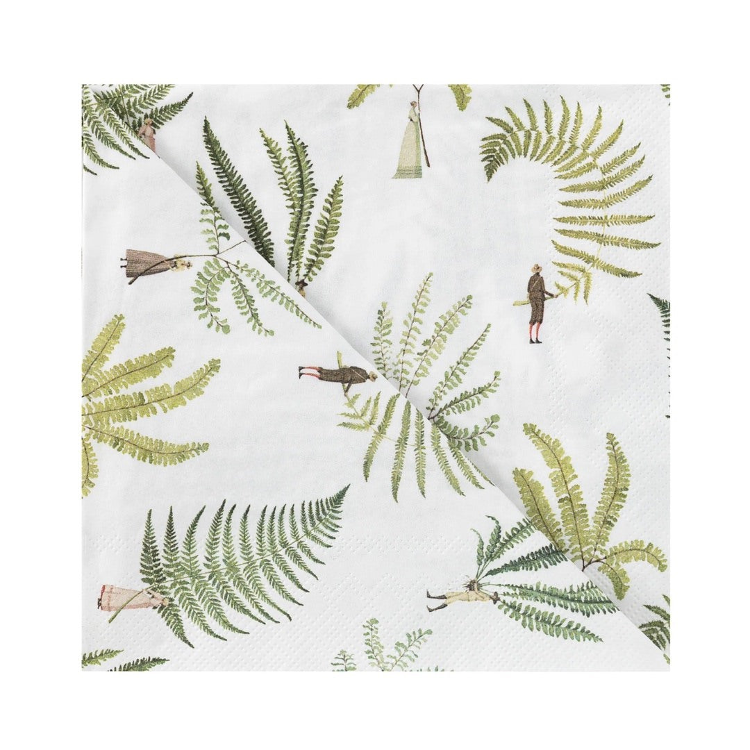 A pack of paper napkins featuring men and women holding giant ferns.