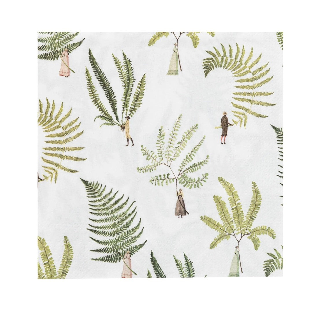 A pack of paper napkins featuring men and women holding giant ferns.