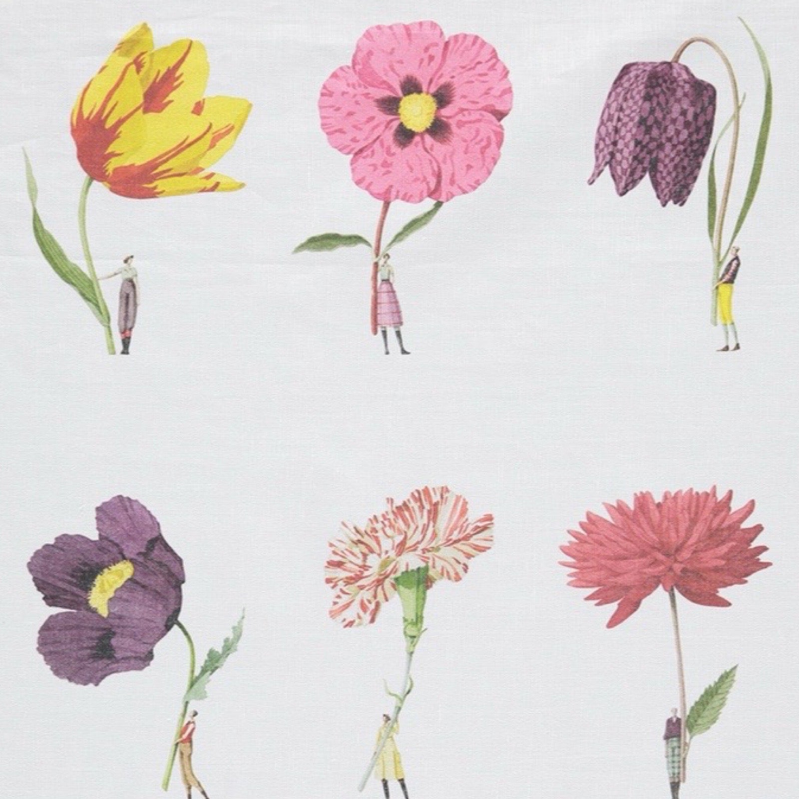 Illustrations of people holding flowers on a white background.