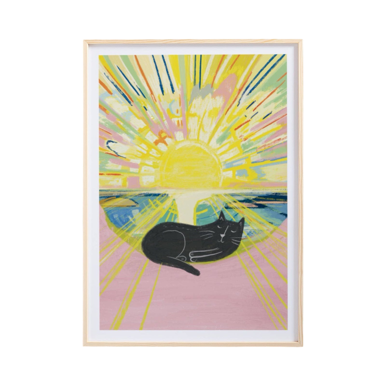 Framed artwork of a black cat under a colorful sun with a pink background