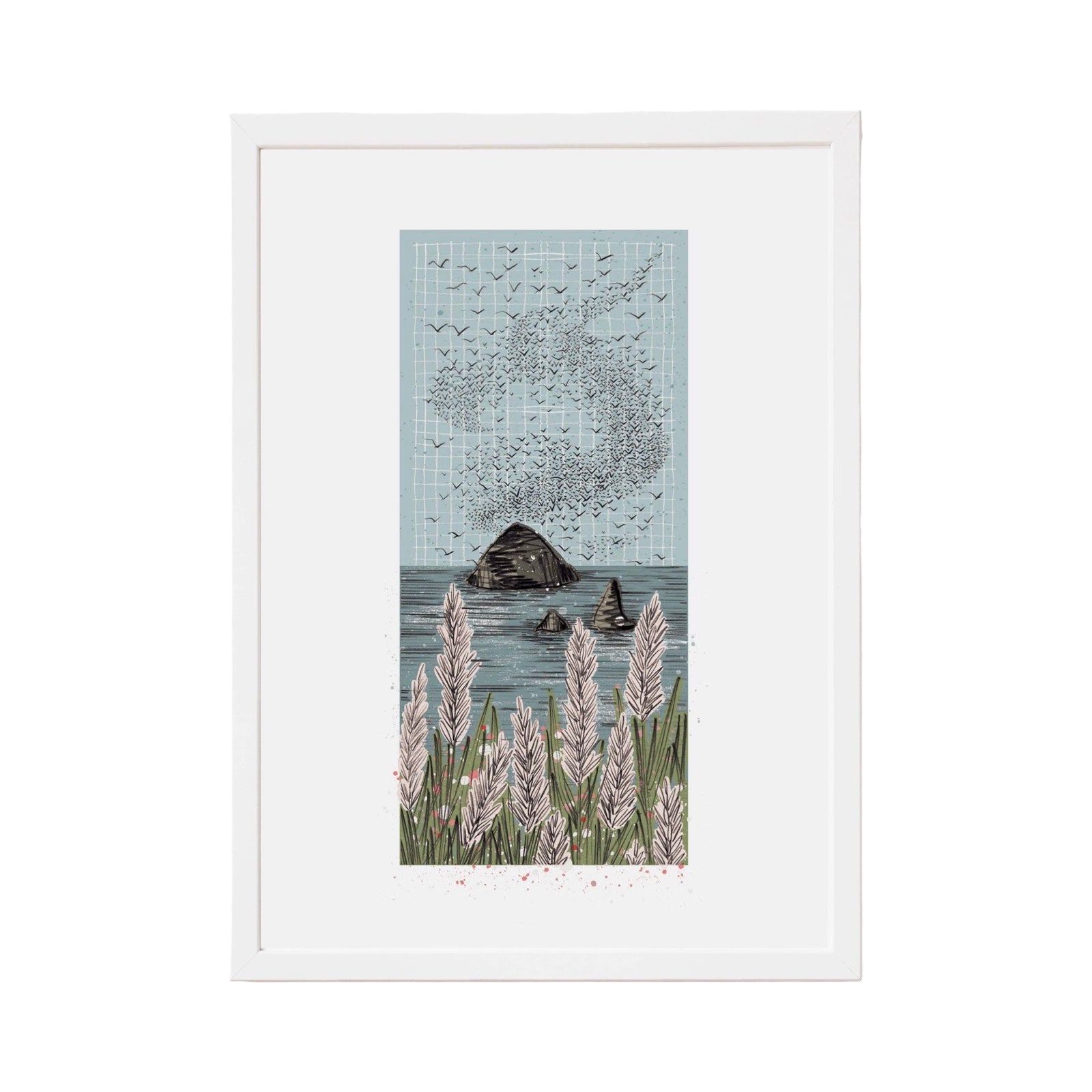 A beautiful print of the murmuration of a flock of starlings above a large rock in the sea, with beautiful flowers in the foreground.