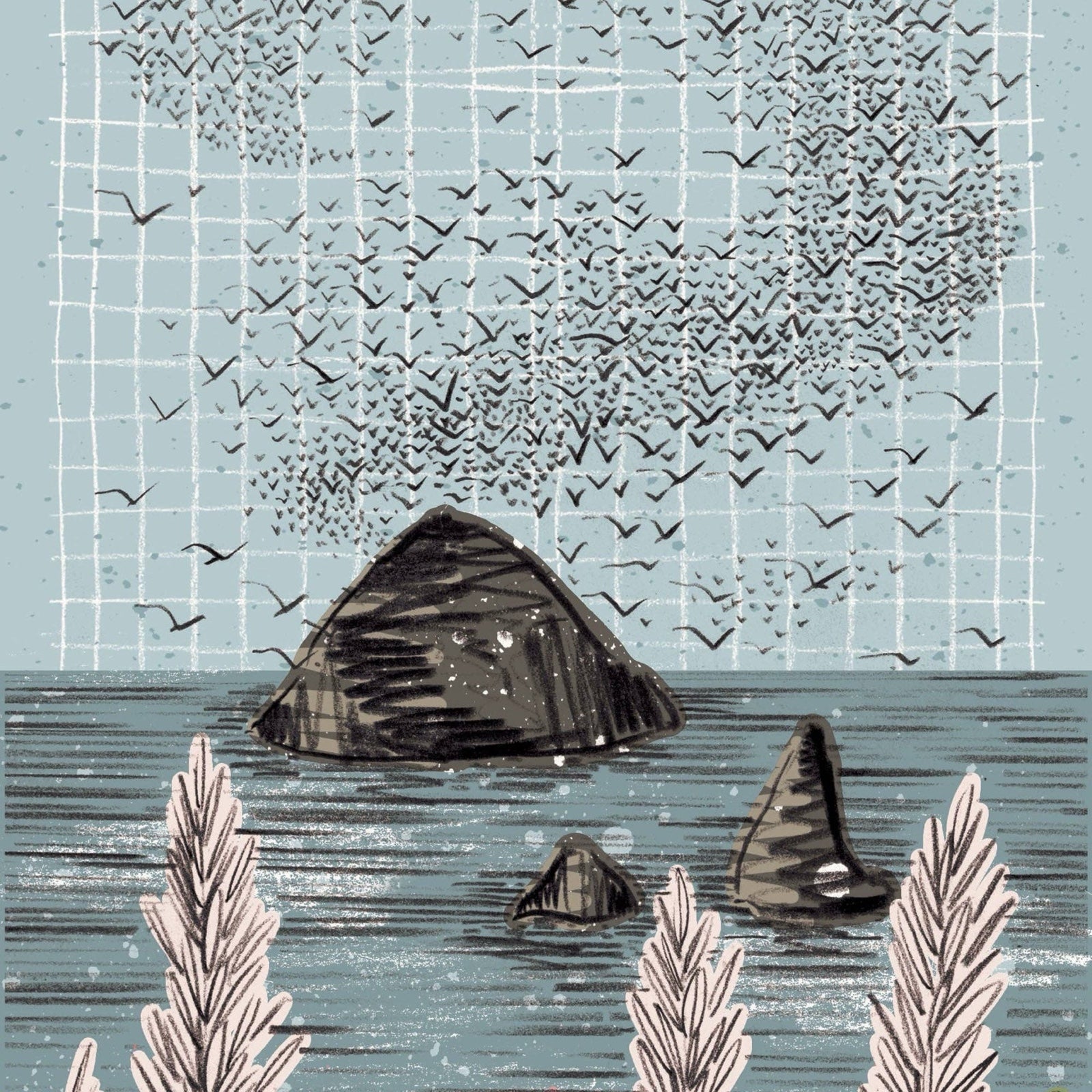 A beautiful print of the murmuration of a flock of starlings above a large rock in the sea, with beautiful flowers in the foreground.