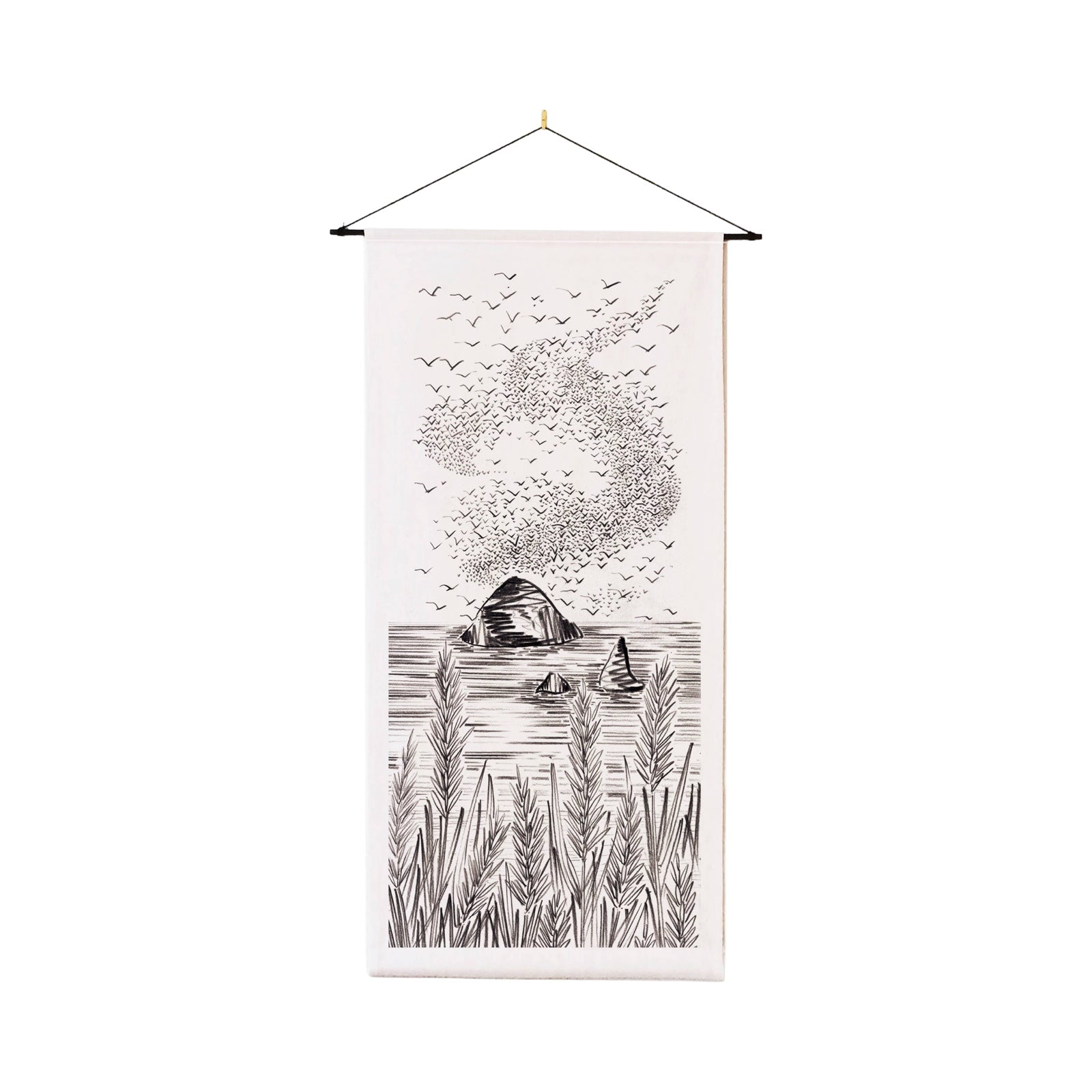 This textile wall hanging features a digital print of&nbsp;the murmuration of a flock of starlings above a large rock in the sea, with beautiful flowers in the foreground in black ink against a cream coloured fabric.