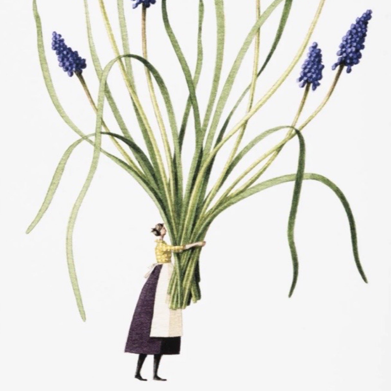 Illustration of a person holding a large bouquet of flowers against a white background.