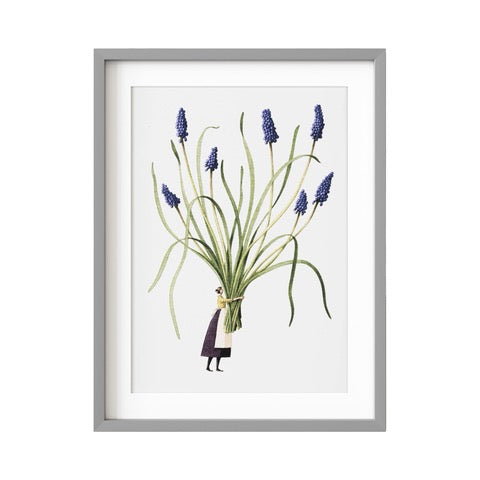 A print of a Muscari stems being held by a lady dressed in a long flowing skirt and apron. This A4 giclee print is printed onto archival paper and comes complete with a white mount.