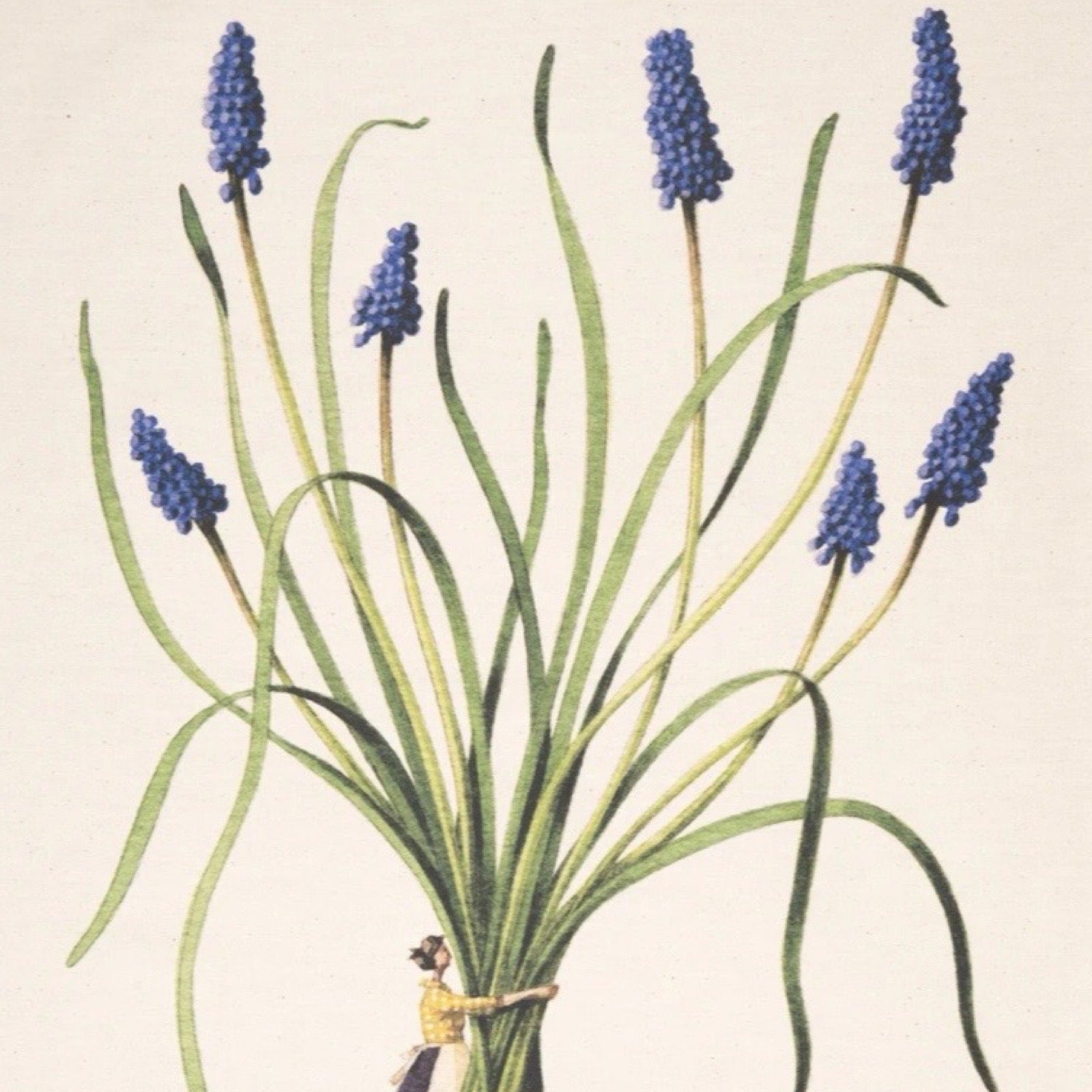Illustration of blue flowers with green leaves in a vase on a beige background.