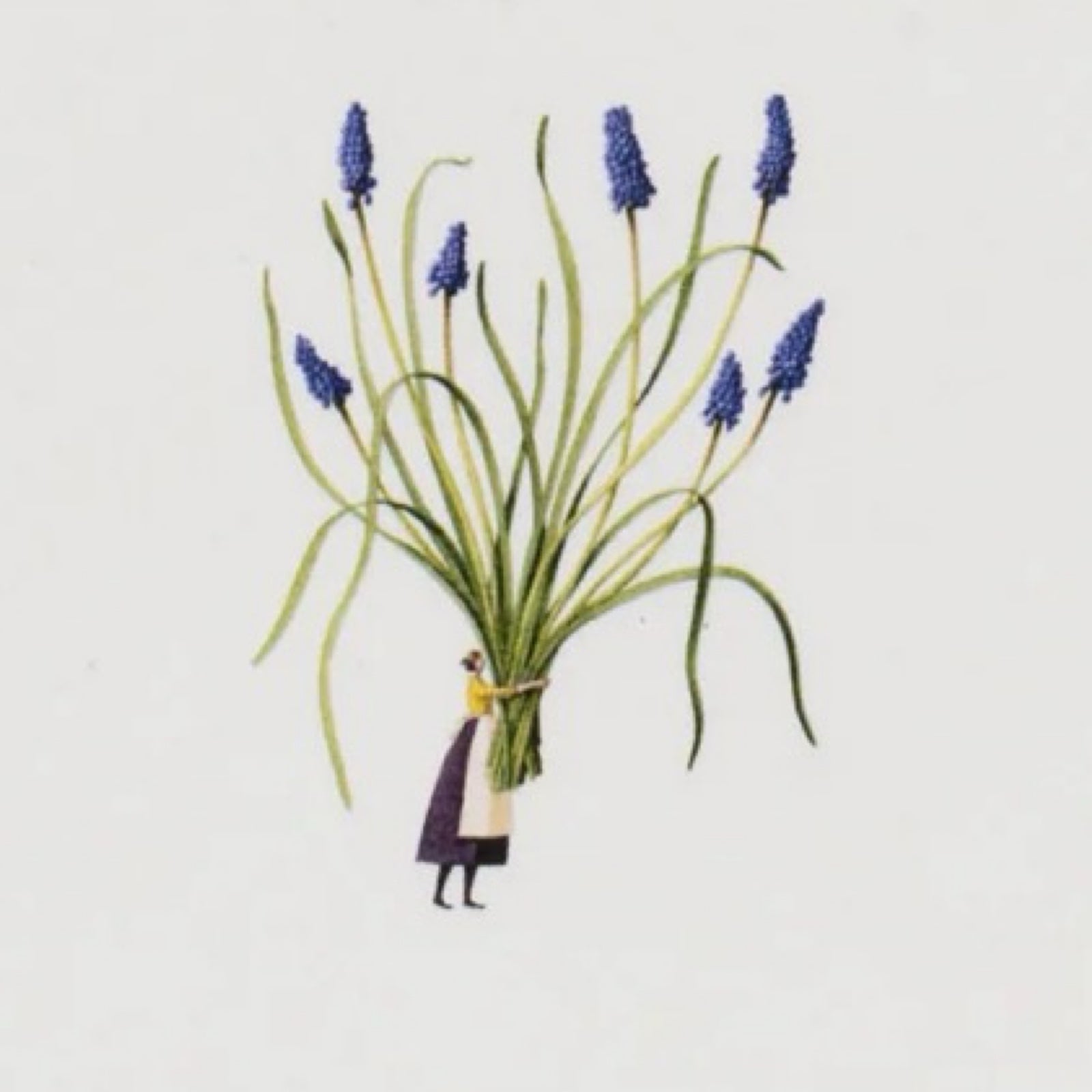 Small figure holding a large bouquet of blue flowers against a light gray background.