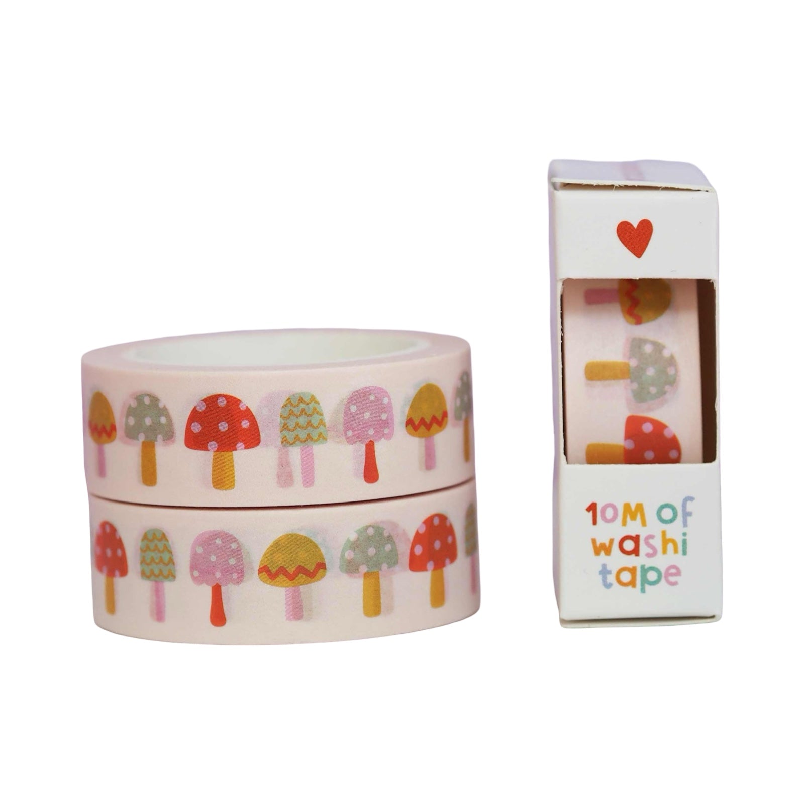 Washi tape with colorful mushroom design and packaging on a white background.