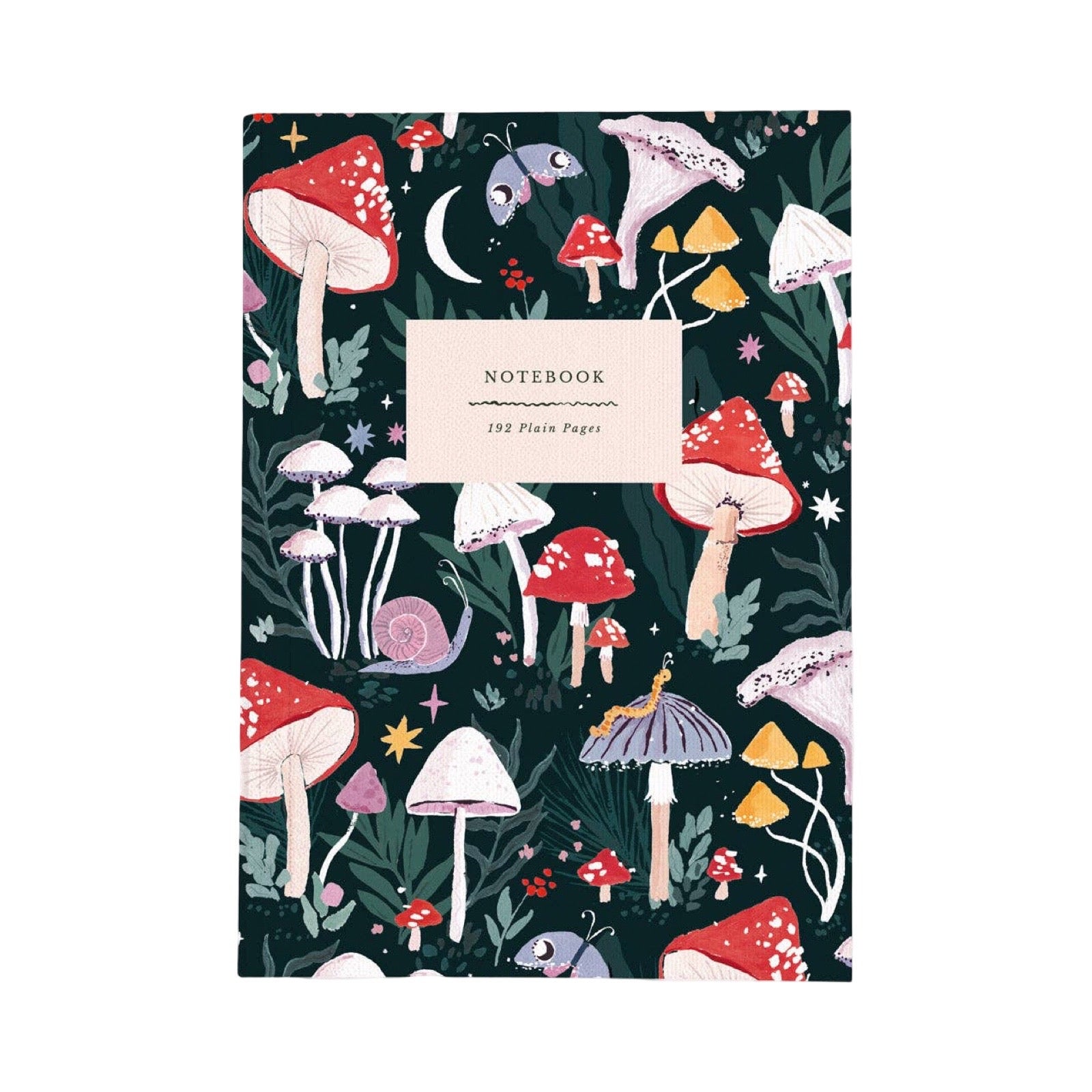A notebook with a dark forest mushroom pattern, featuring red, pink, yellow, and white mushrooms on a black background, with a cream-colored label in the centre that reads 'NOTEBOOK 192 Plain Pages'.