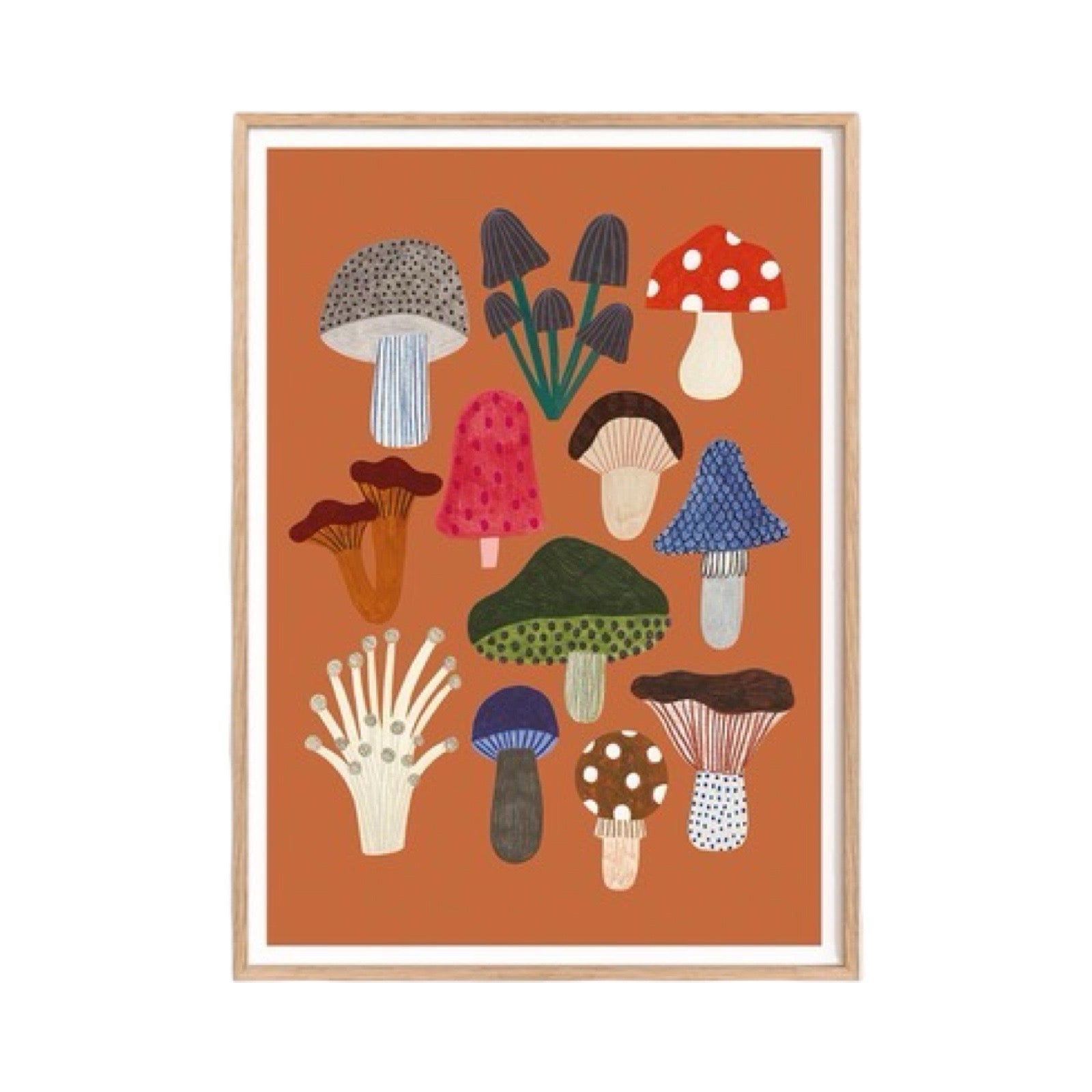 Art print featuring illustrations of a variety of mushrooms and toadstools against a brown background.