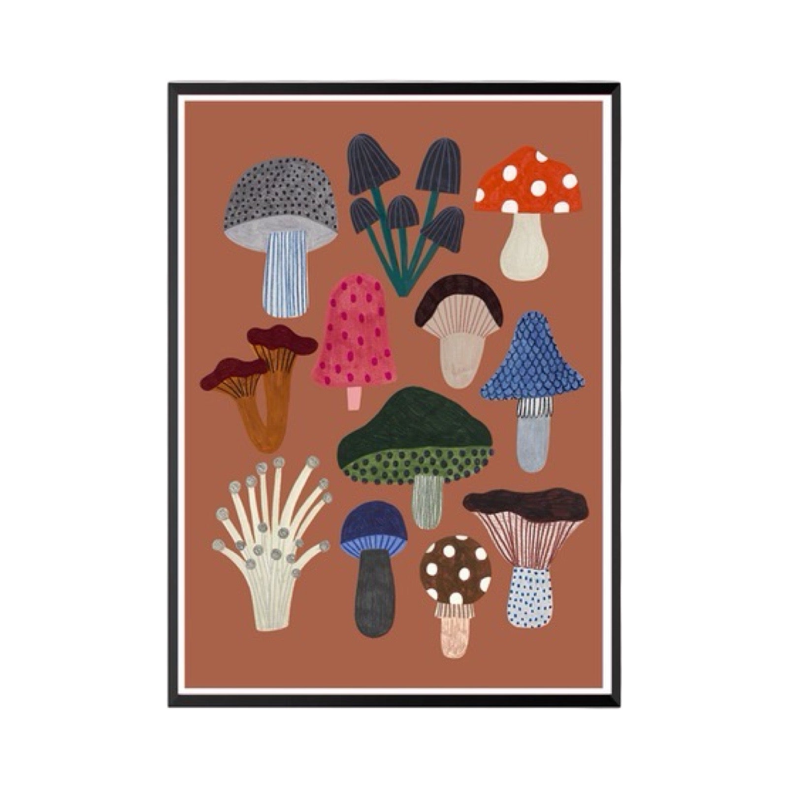 Art print featuring illustrations of a variety of mushrooms and toadstools against a brown background.