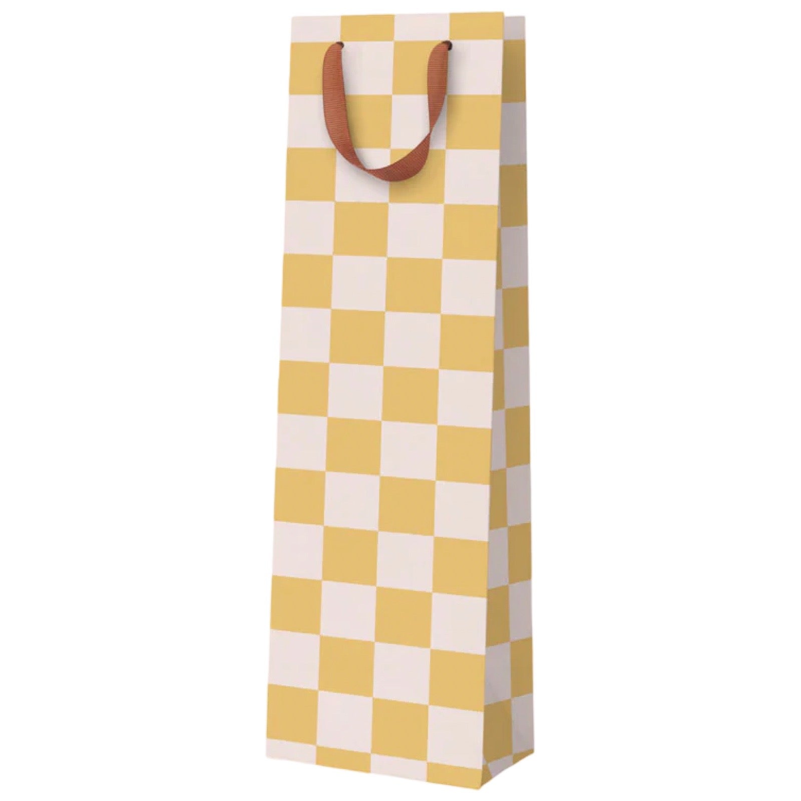 A tall, narrow gift bag with a yellow and white checkerboard pattern and brown paper handles, shown on a plain white background.