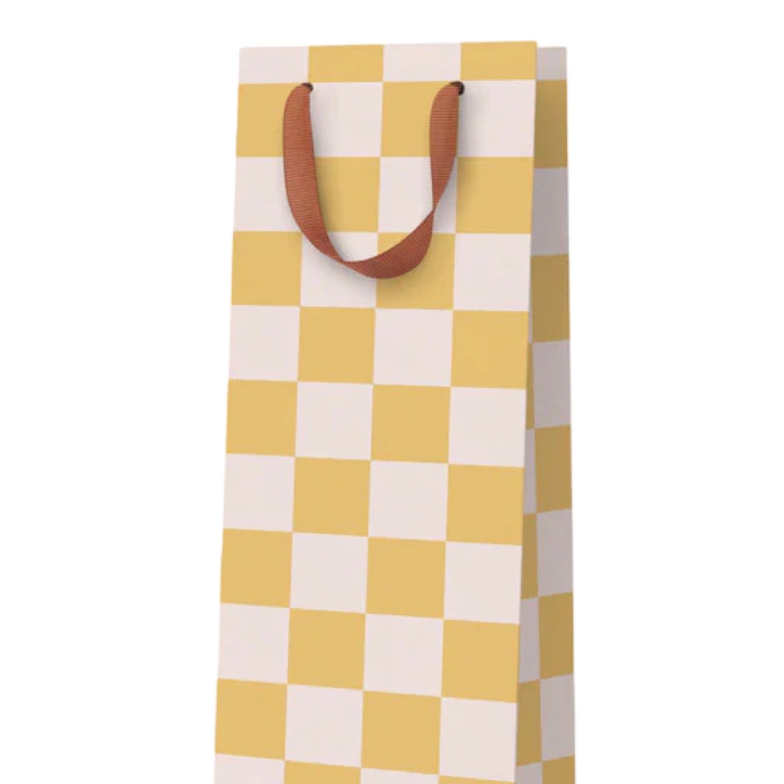 A tall paper gift bag with a yellow and white checkerboard pattern and brown handles, shown on a plain white background.