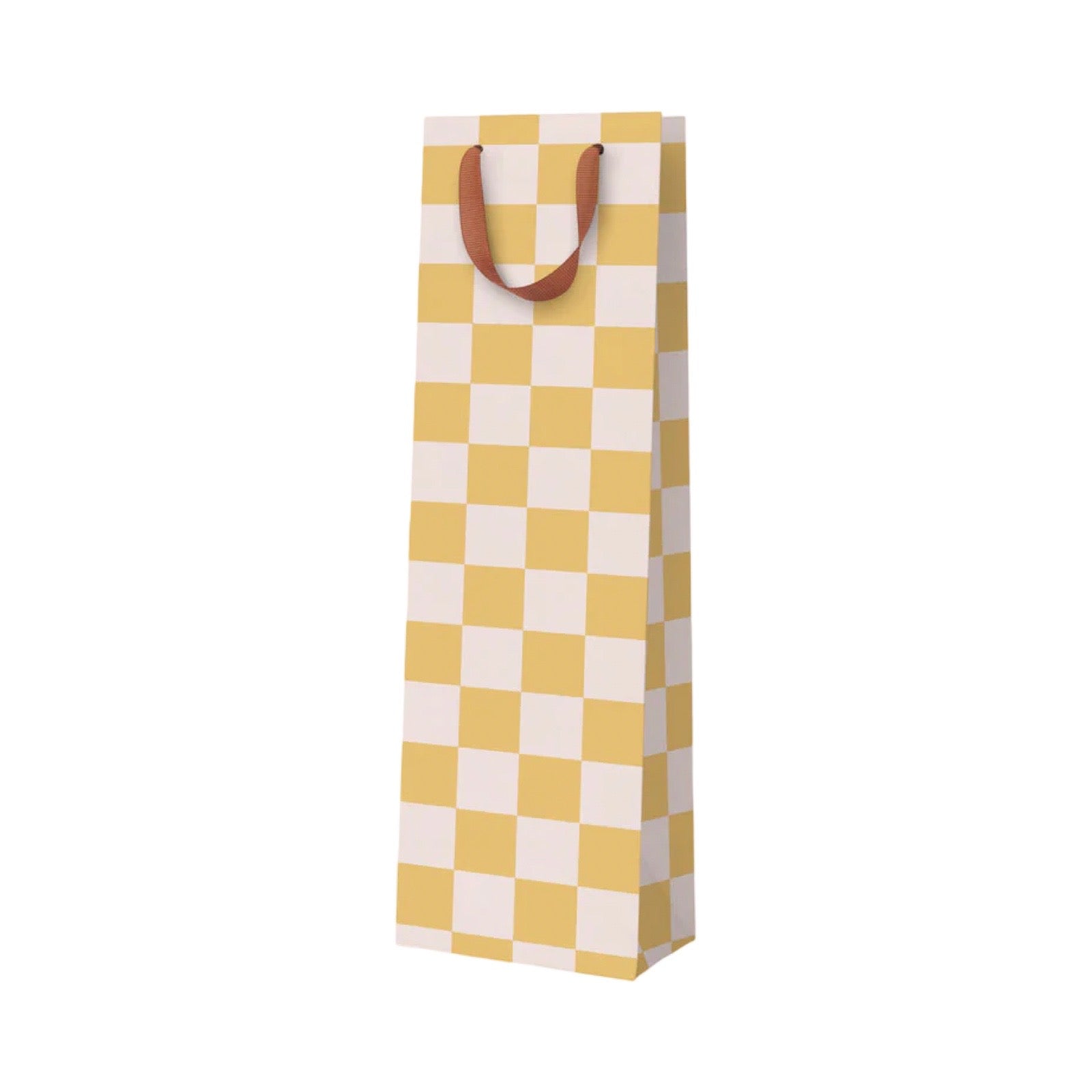 A tall paper gift bag with a yellow and white checkerboard pattern and brown paper handles, shown on a plain white background.