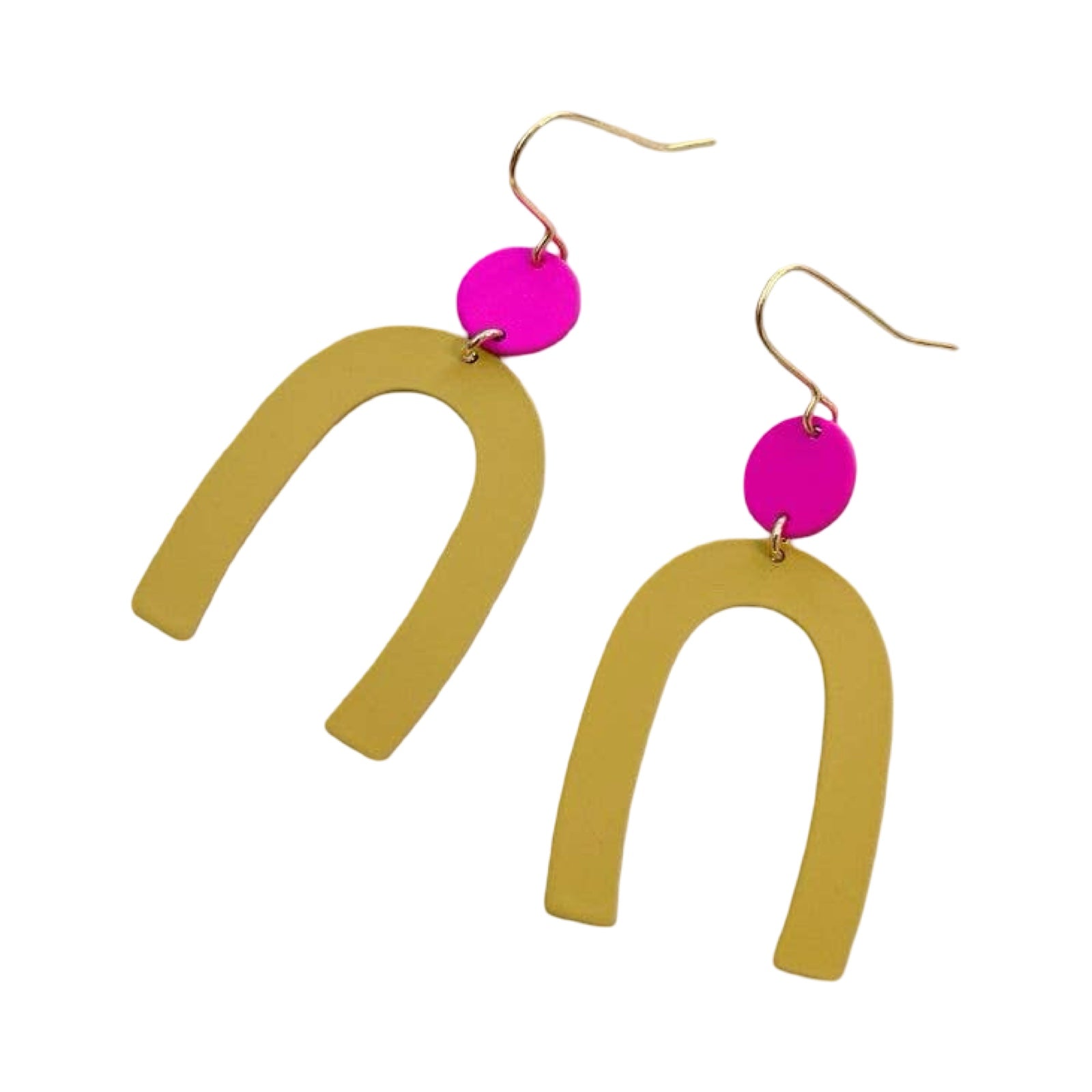 Gold arch-shaped earrings with pink circles on a white background.