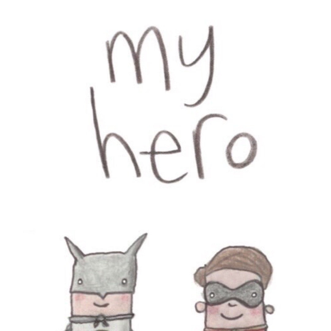 Two cartoon characters wearing superhero costumes with 'my hero' text above on a white background.