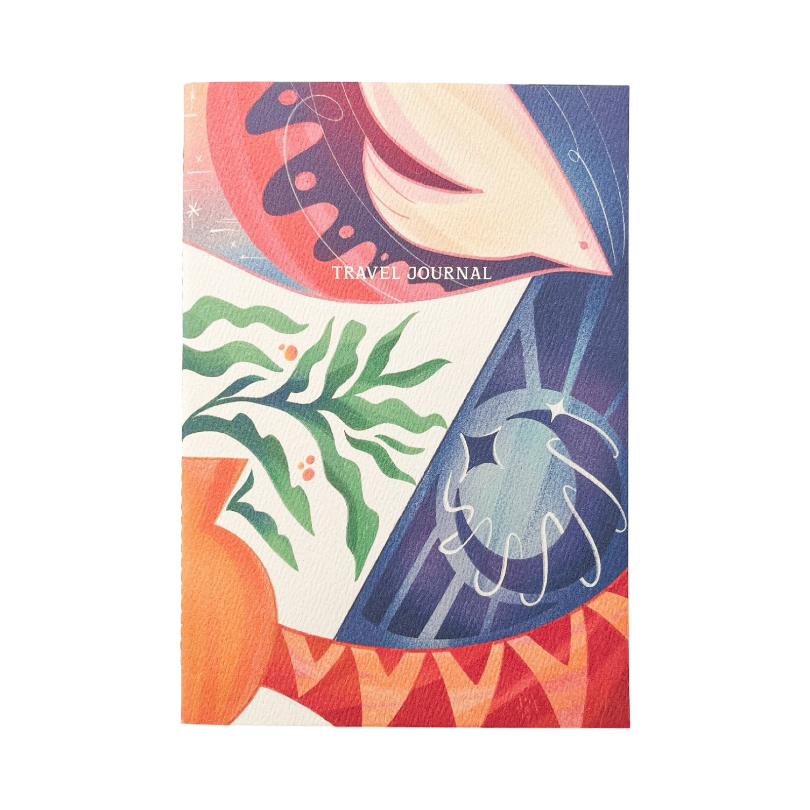 Colorful travel journal cover with abstract designs on a white background.