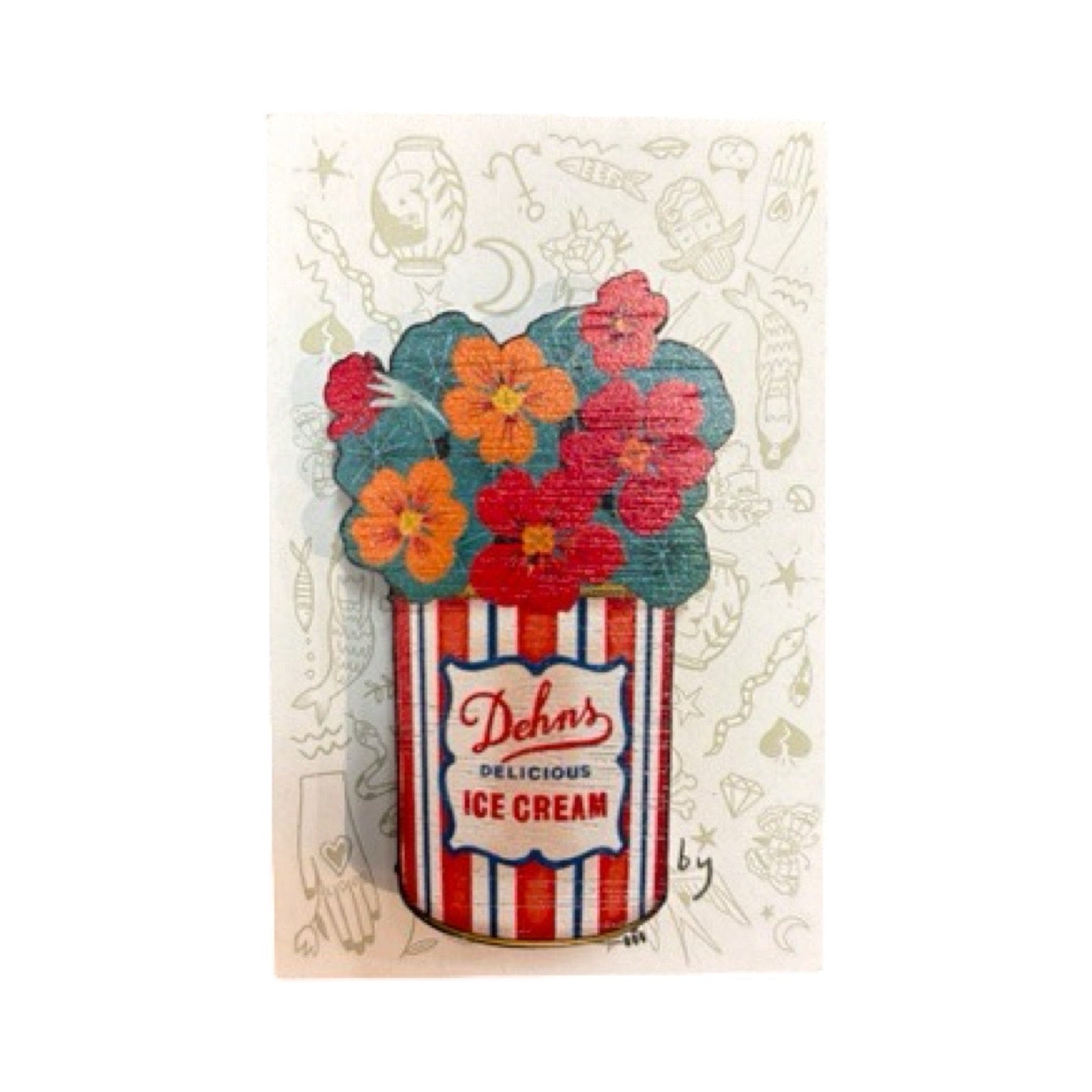 Nasturtium flowers wooden brooch featuring a bunch of nasturtium in a retro tin of Dehns Ice Cream.