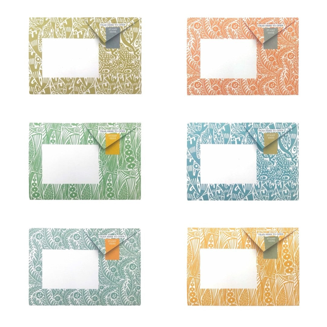 Scottish designer Angie Lewin illustrates the nature study pigeon pack, each sheet features a different colour of nature pattern design. 