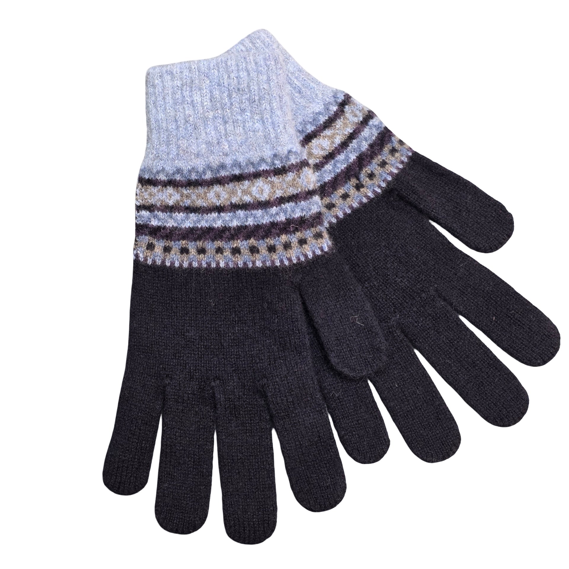 Pair of black gloves with a patterned cuff on a white background.
