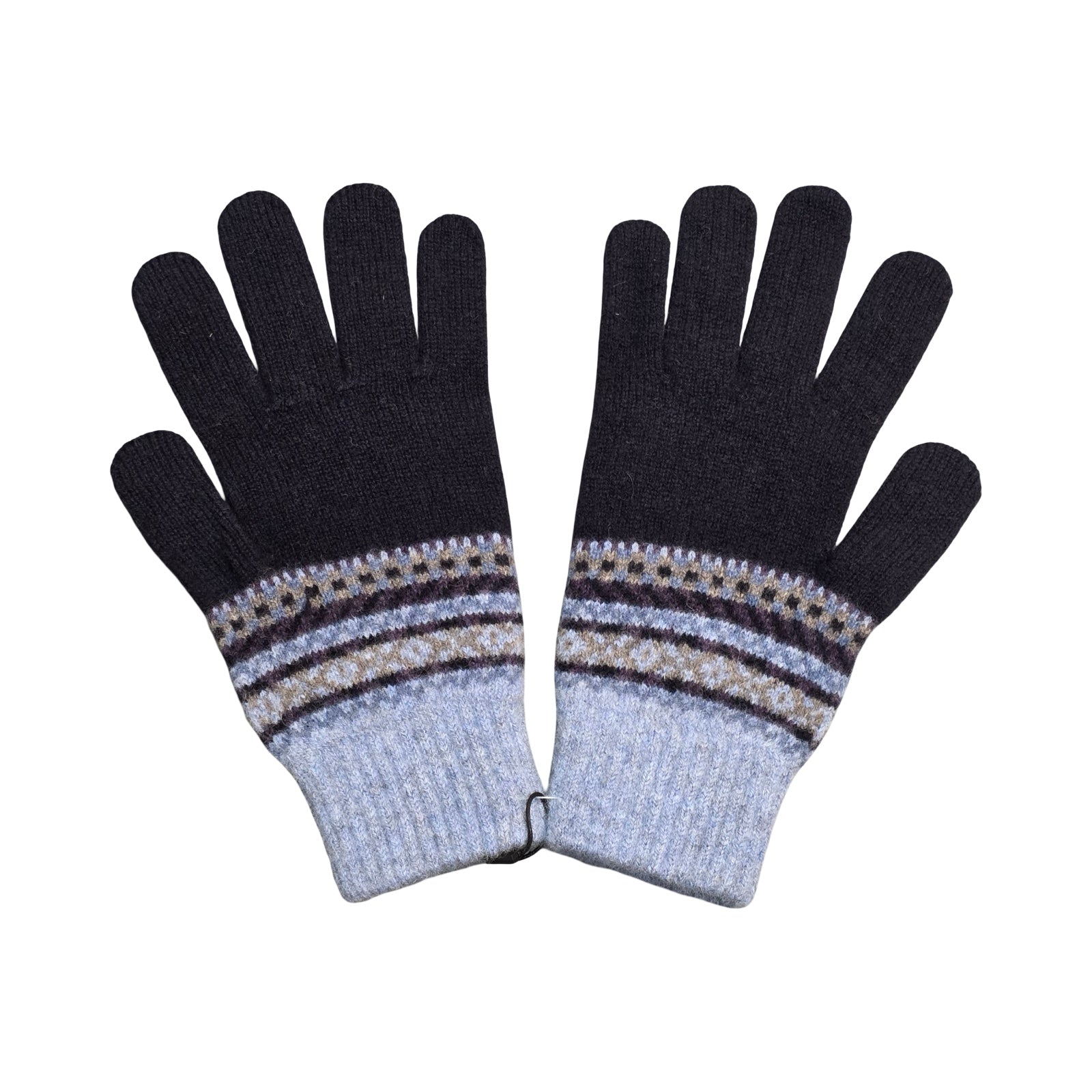 Pair of gloves with a striped pattern on a white background.