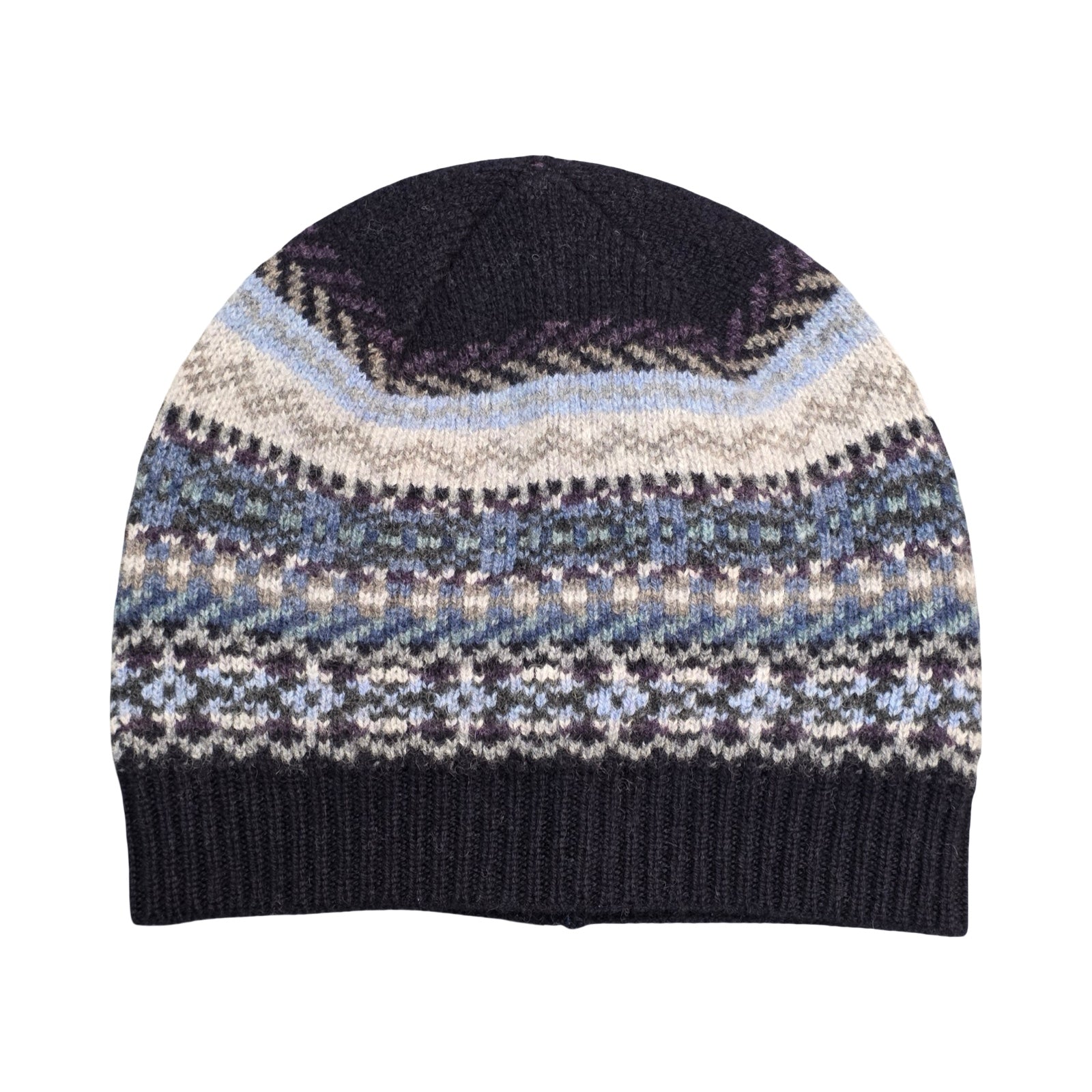 Knitted hat with a pattern on a white background.