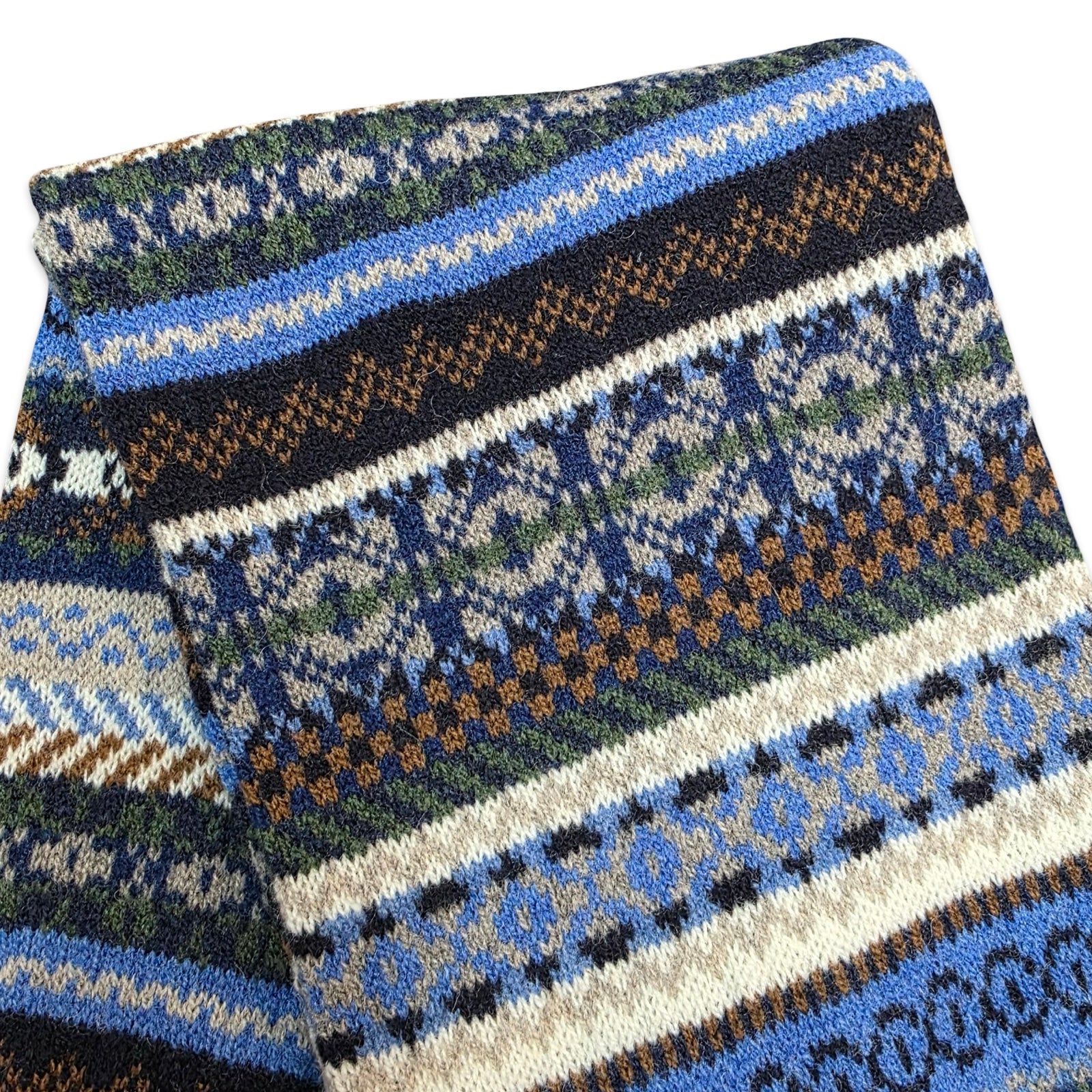 Knitted fabric with a colorful pattern on a white background.