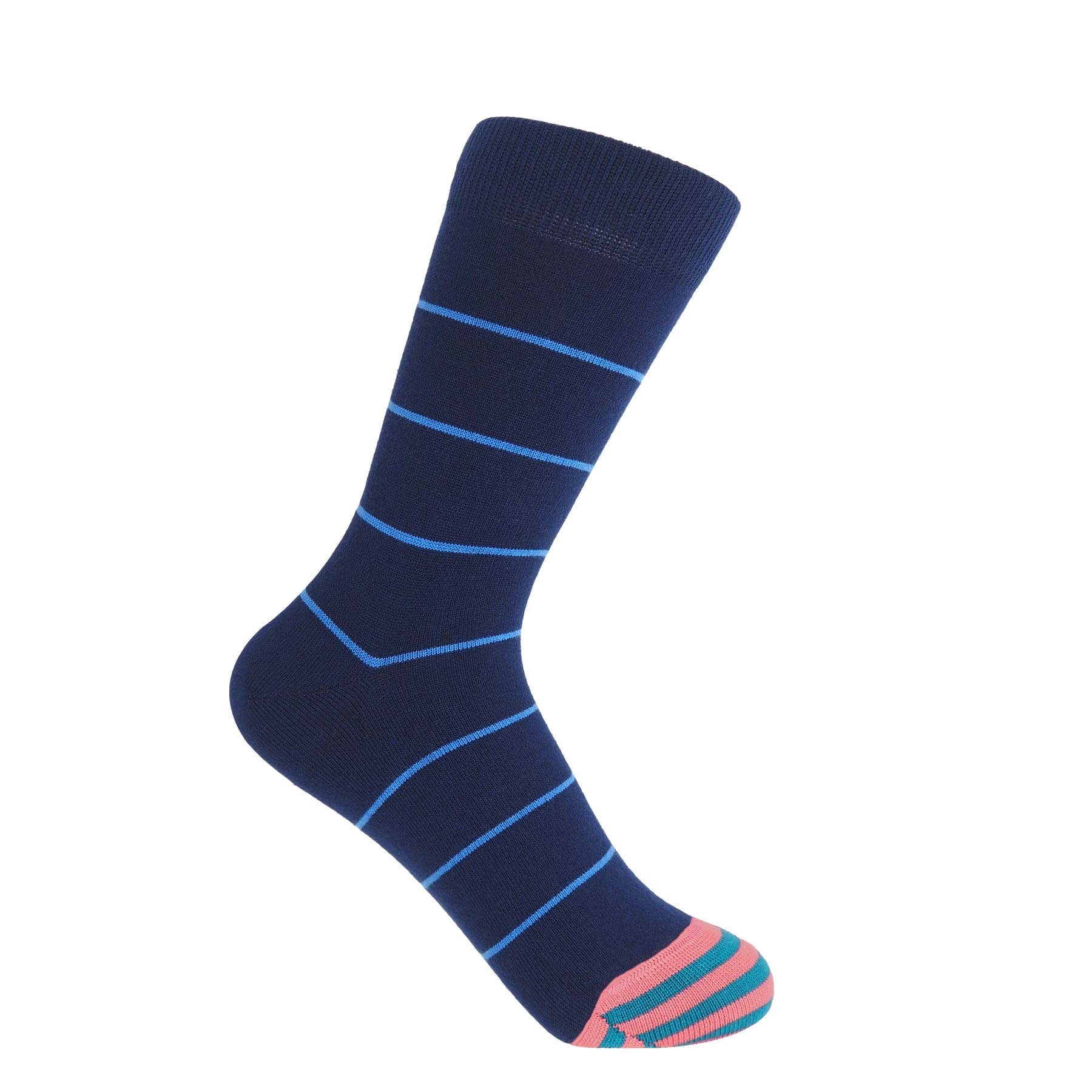 Navy blue sock with light blue stripes and a pink toe with teal stripes.