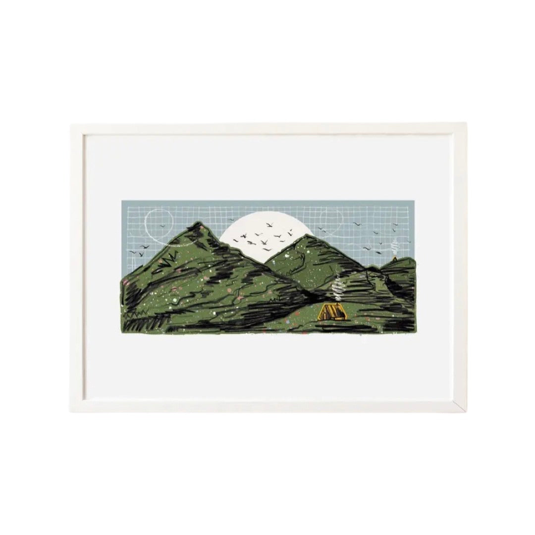 A calming print of a yellow tent with smoke from the bonfire, camped out in a valley with another yellow tent and bonfire on the hillside