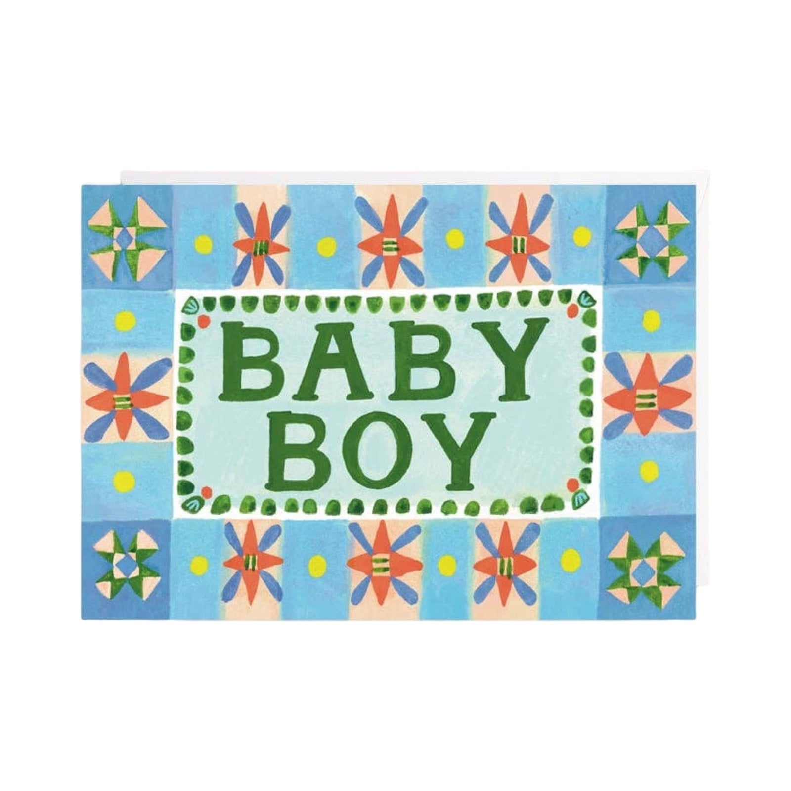 Decorative sign with 'BABY BOY' text on a colourful floral background.