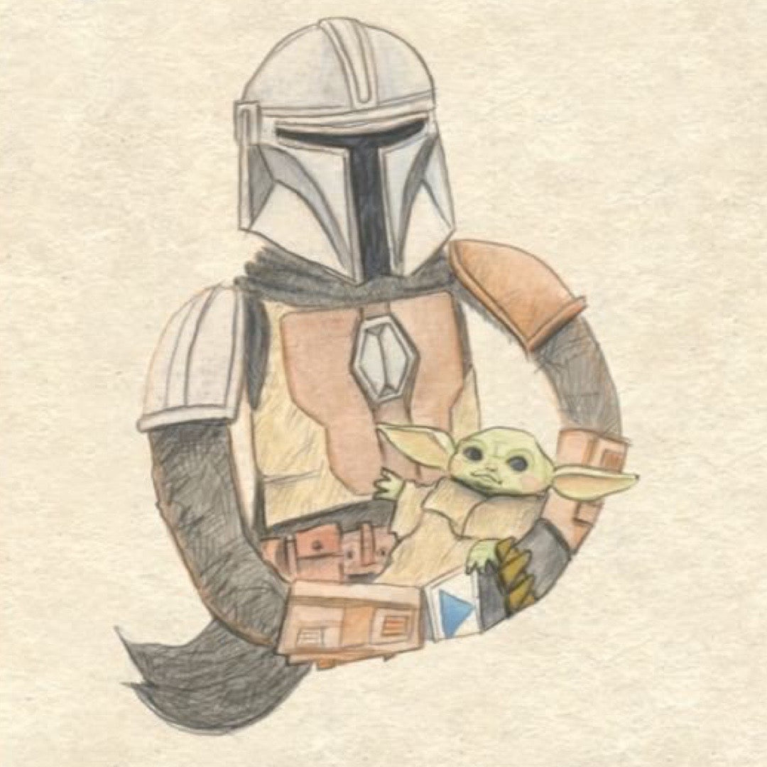 New baby card featuring an illustration of Mando the bounty hunter carrying baby Yoda, inspired by Star Wars.